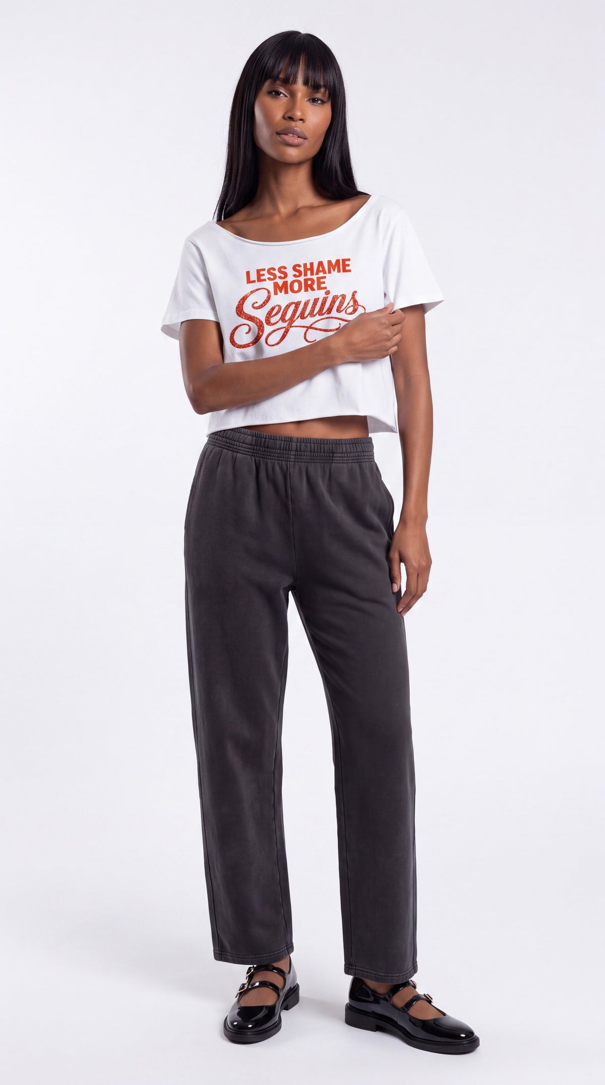 Off-Shoulder Rolled Hem 100% Cotton Crop Tee |LESS SHAME MORE SEQUINS Red Logo