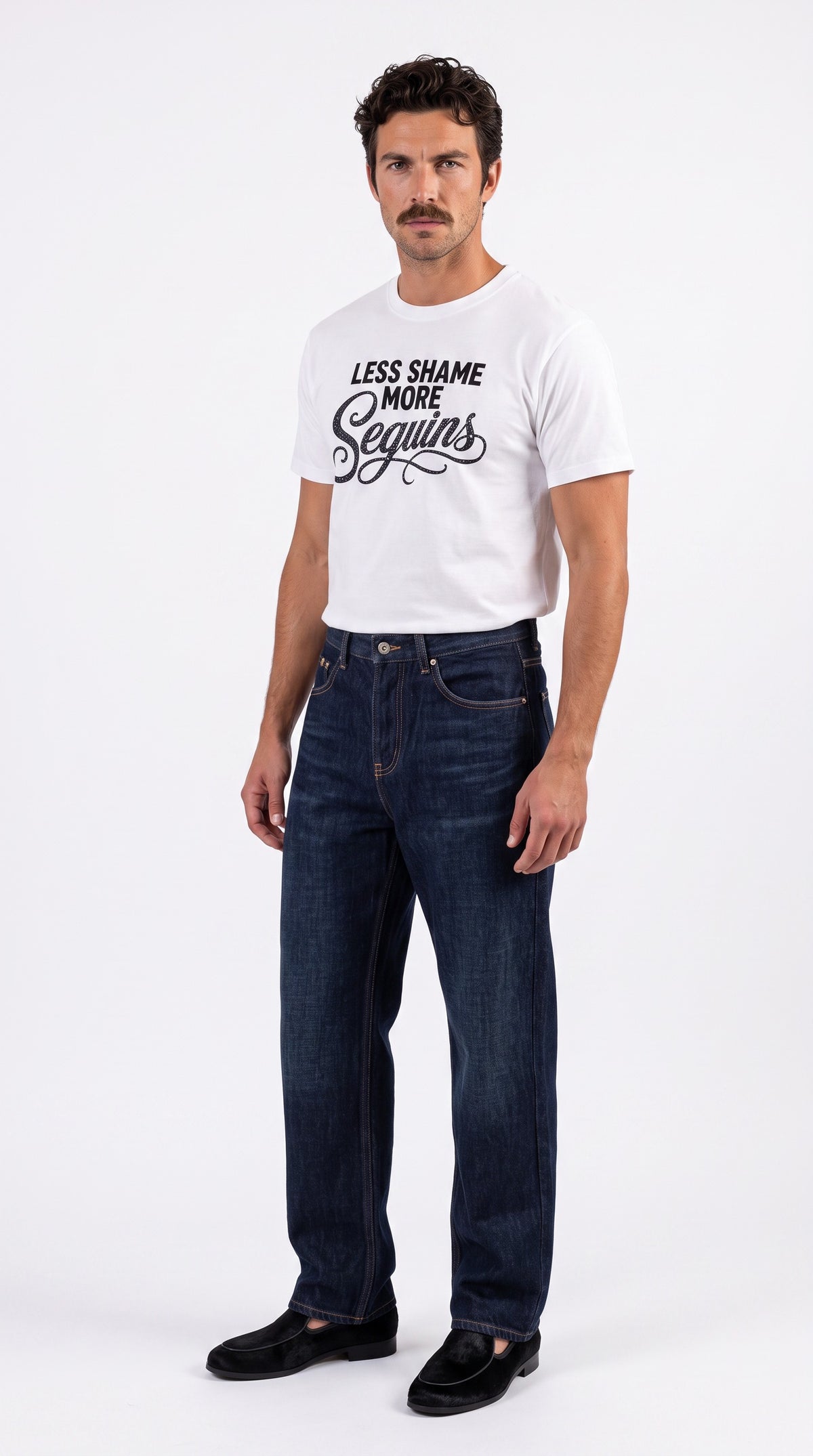 Unisex Seamless 100% Cotton Tee | LESS SHAME MORE SEQUINS Black Logo