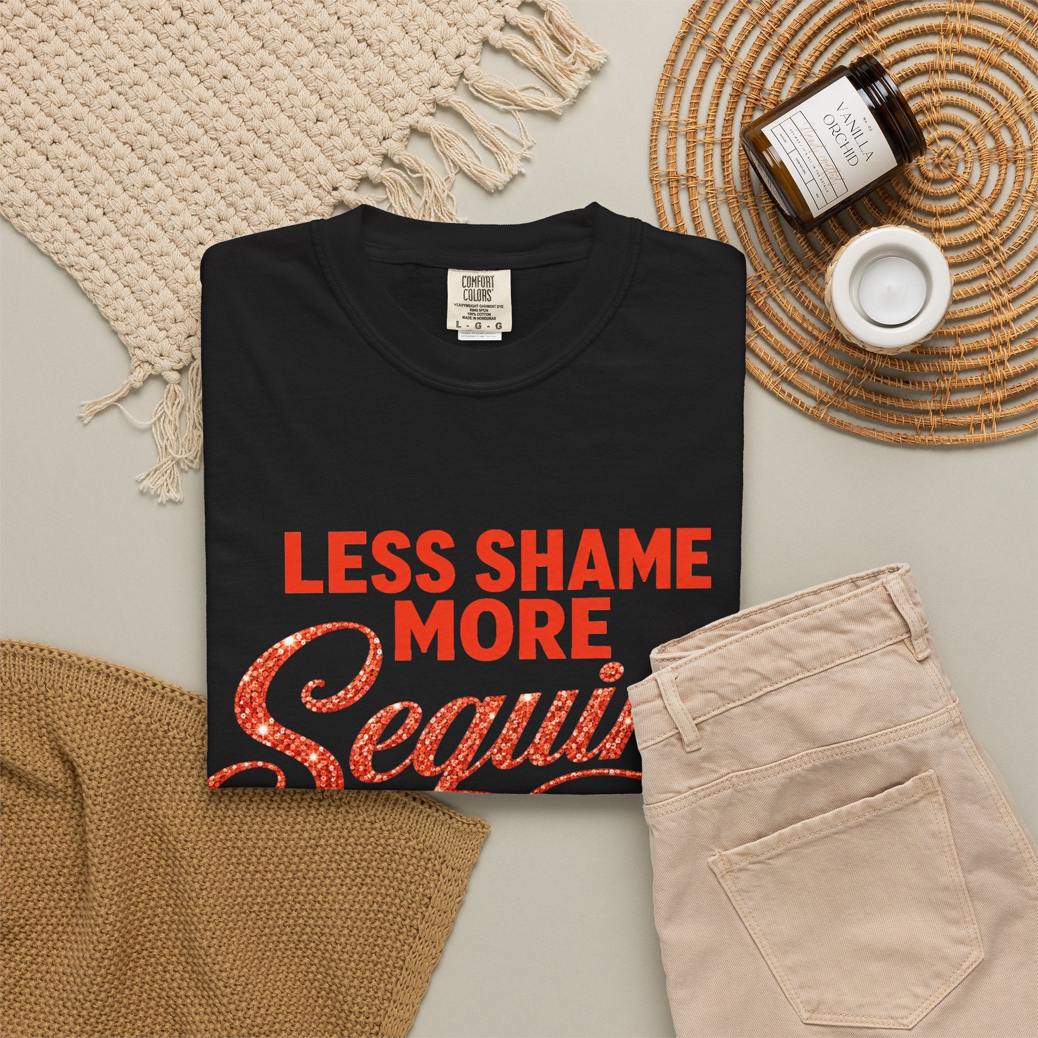 Crewneck Relaxed Fit Tee Shirts | LESS SHAME MORE SEQUINS | CONVERSATION COLLECTION