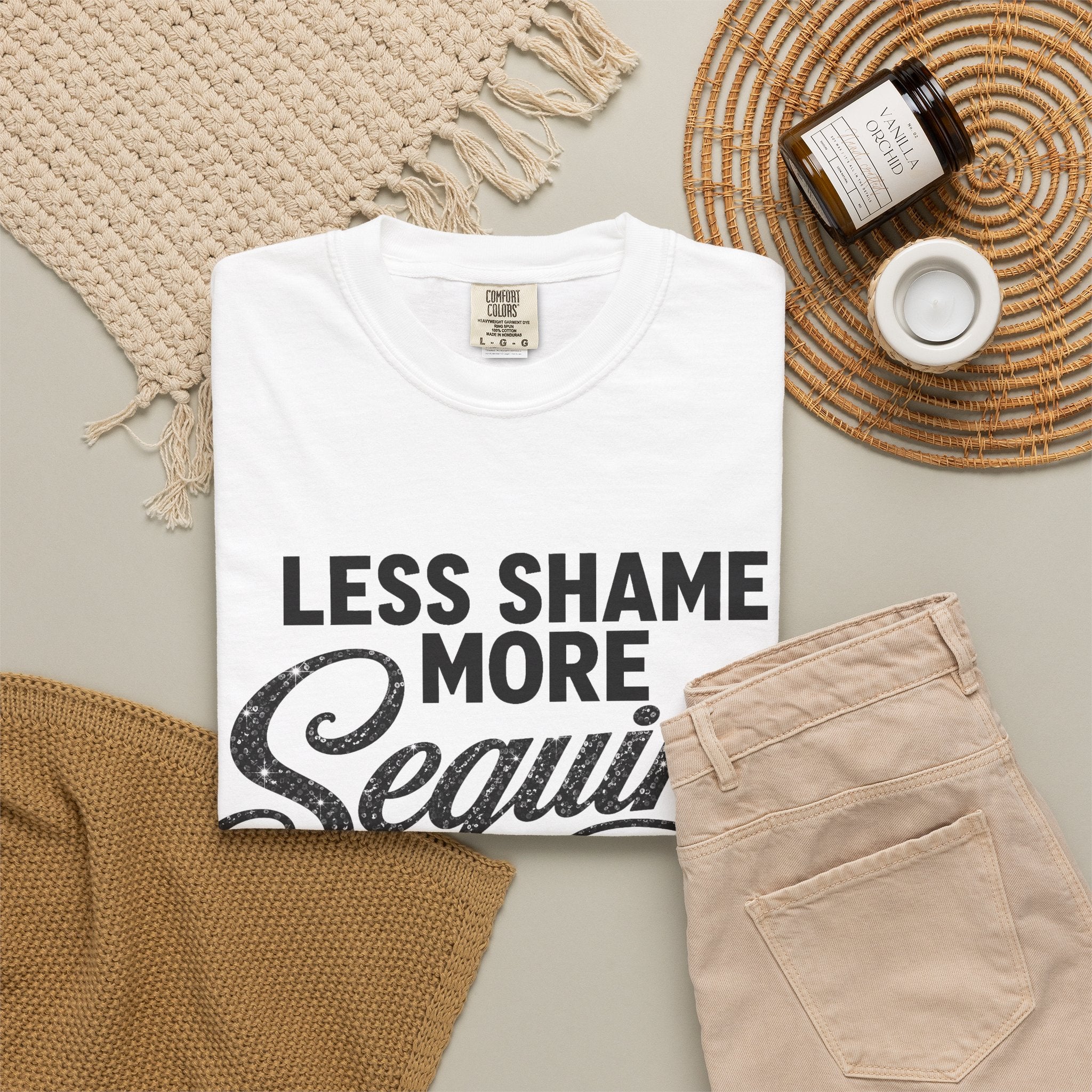 Crewneck Relaxed Fit Tee Shirt | LESS SHAME MORE SEQUINS | CONVERSATION COLLECTION