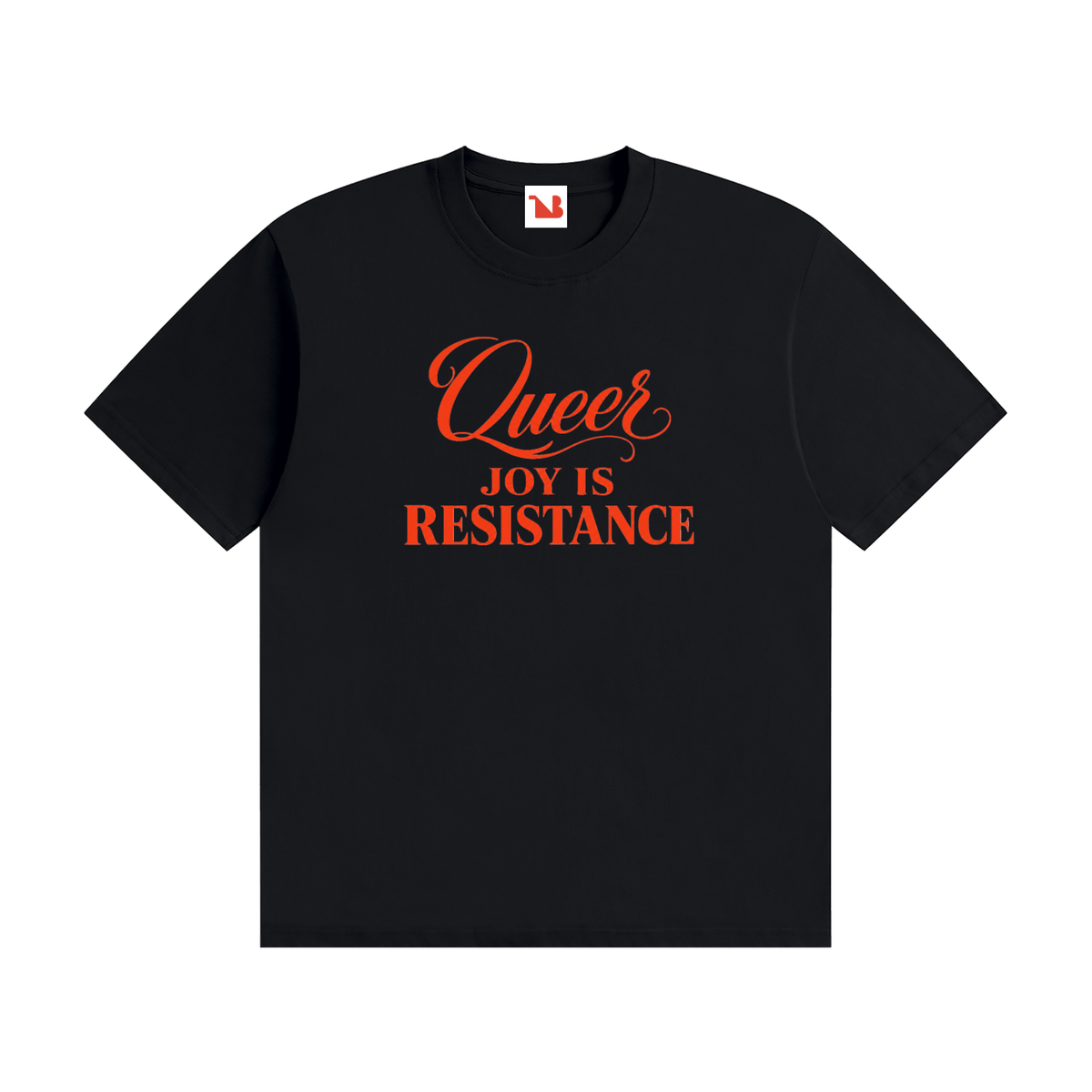 Unisex Seamless 100% Cotton Tee | QUEER JOY IS RESISTANCE Red Logo