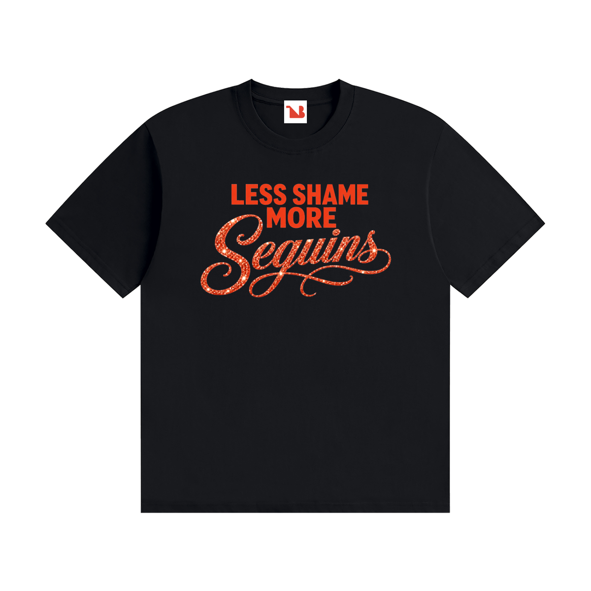 Unisex Seamless 100% Cotton Tee | LESS SHAME MORE SEQUINS Red Logo