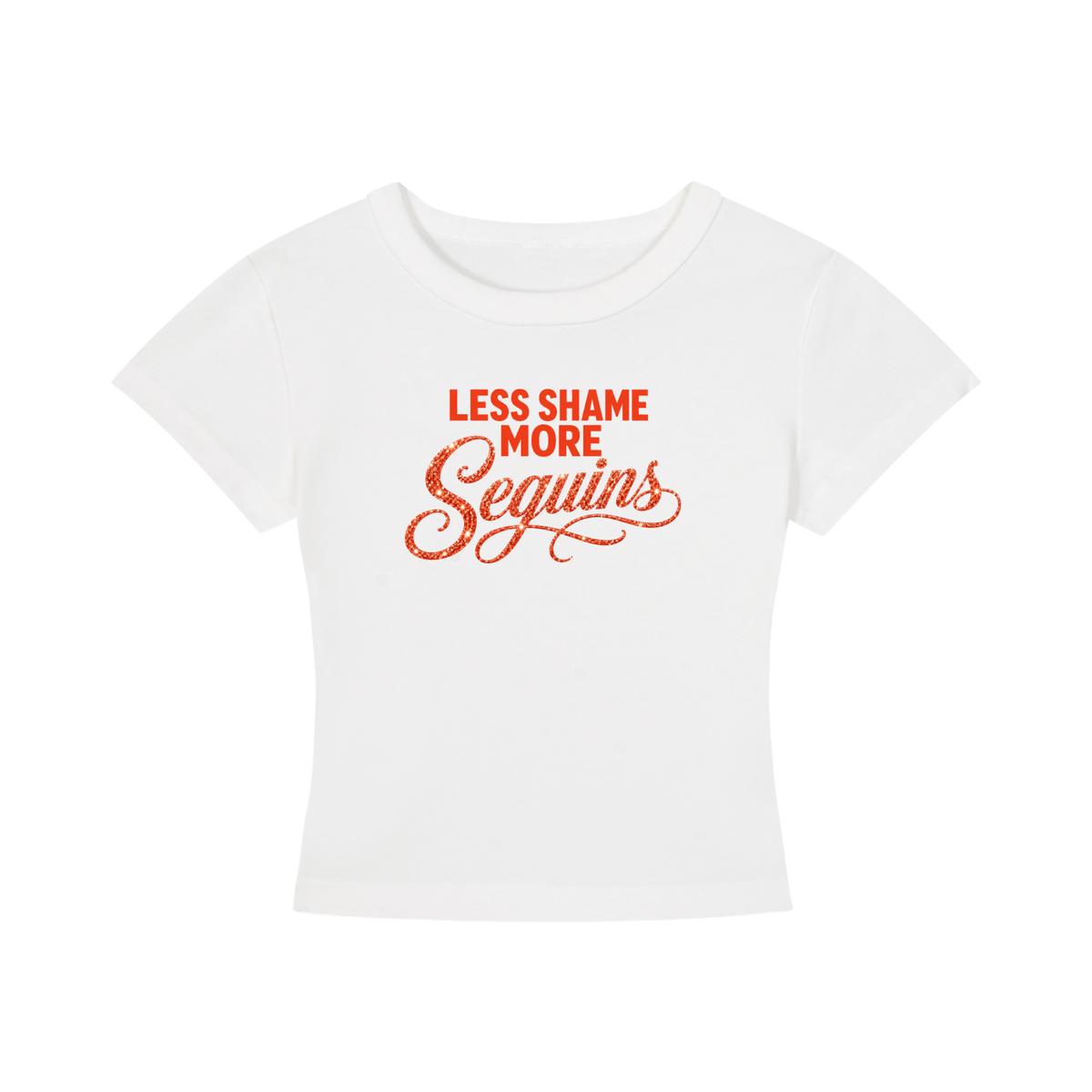 Women's Cropped Crewneck Tee | LESS SHAME MORE SEQUINS Red Logo