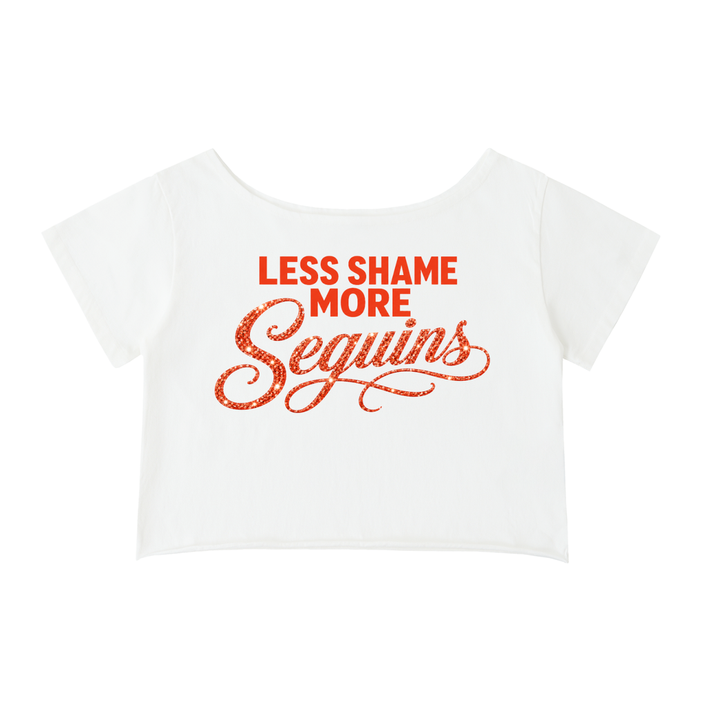Off-Shoulder Rolled Hem Crewneck Tee |LESS SHAME MORE SEQUINS | CONVERSATION COLLECTION