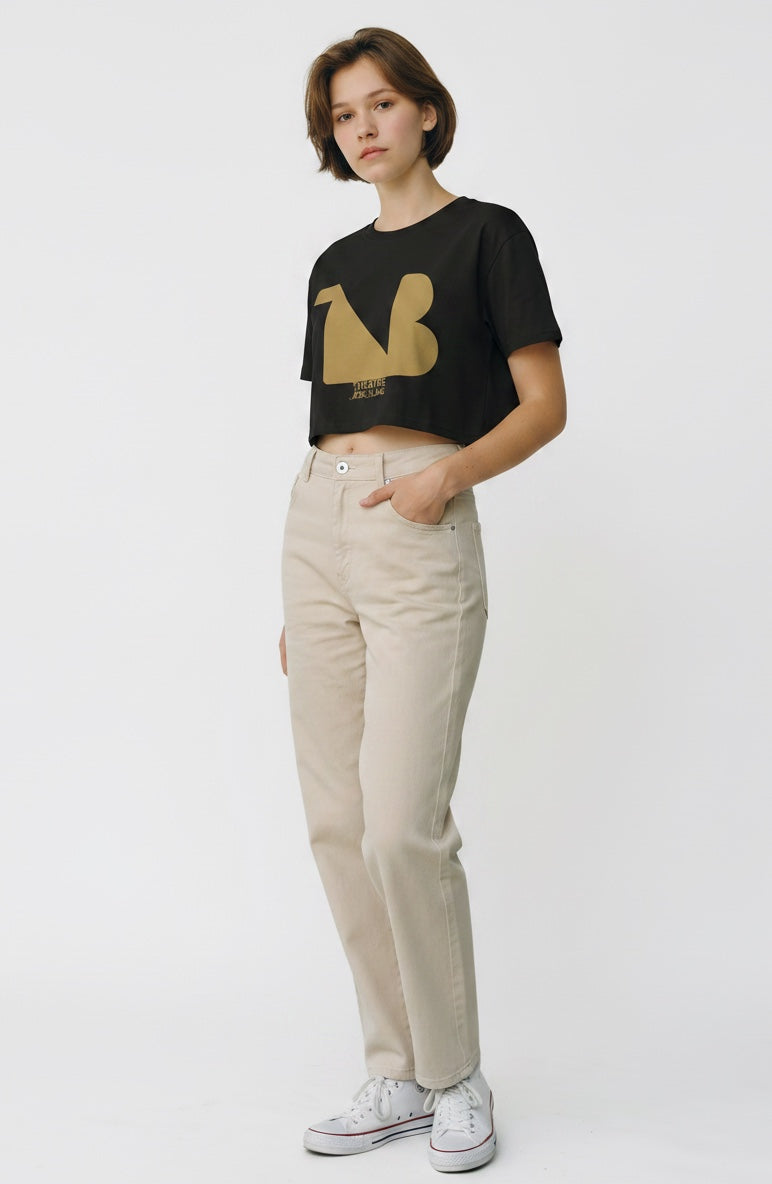 Women's Crewneck Cropped Signature Tee THEATRE NOIR BLANC - Gold Logo