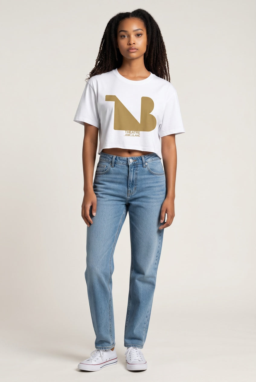 Damen Rundhals Cropped Signature T-Shirt THEATRE NOIR BLANC – Gold Logo
