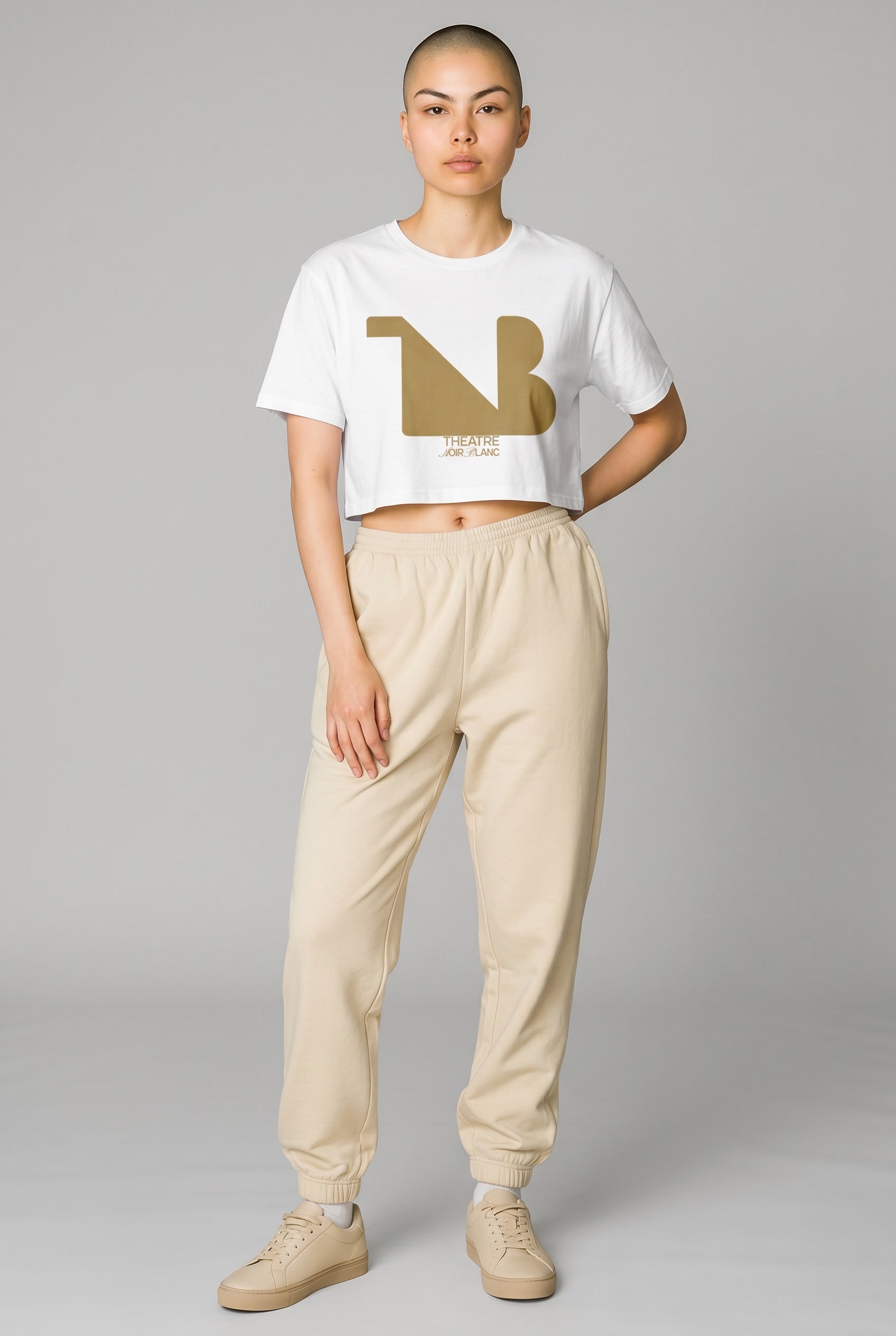 Damen Rundhals Cropped Signature T-Shirt THEATRE NOIR BLANC – Gold Logo
