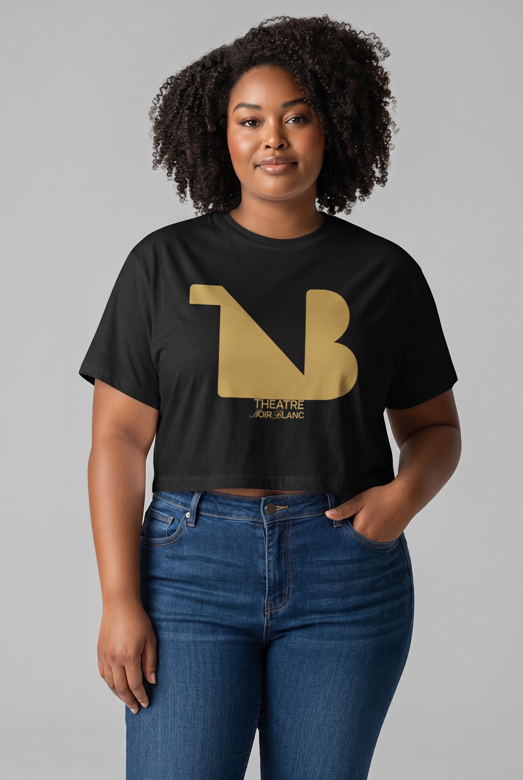 Damen Rundhals Cropped Signature T-Shirt THEATRE NOIR BLANC – Gold Logo