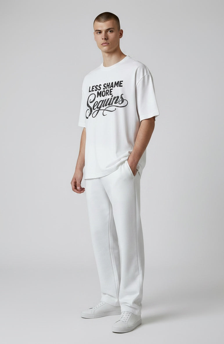Crewneck Relaxed Fit Tee Shirt | LESS SHAME MORE SEQUINS | CONVERSATION COLLECTION