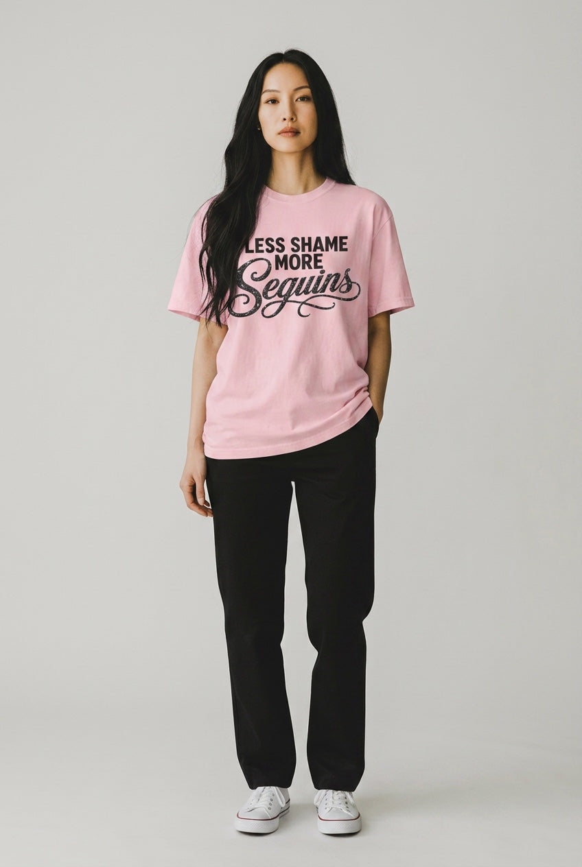 Crewneck Relaxed Fit Tee Shirt | LESS SHAME MORE SEQUINS | CONVERSATION COLLECTION