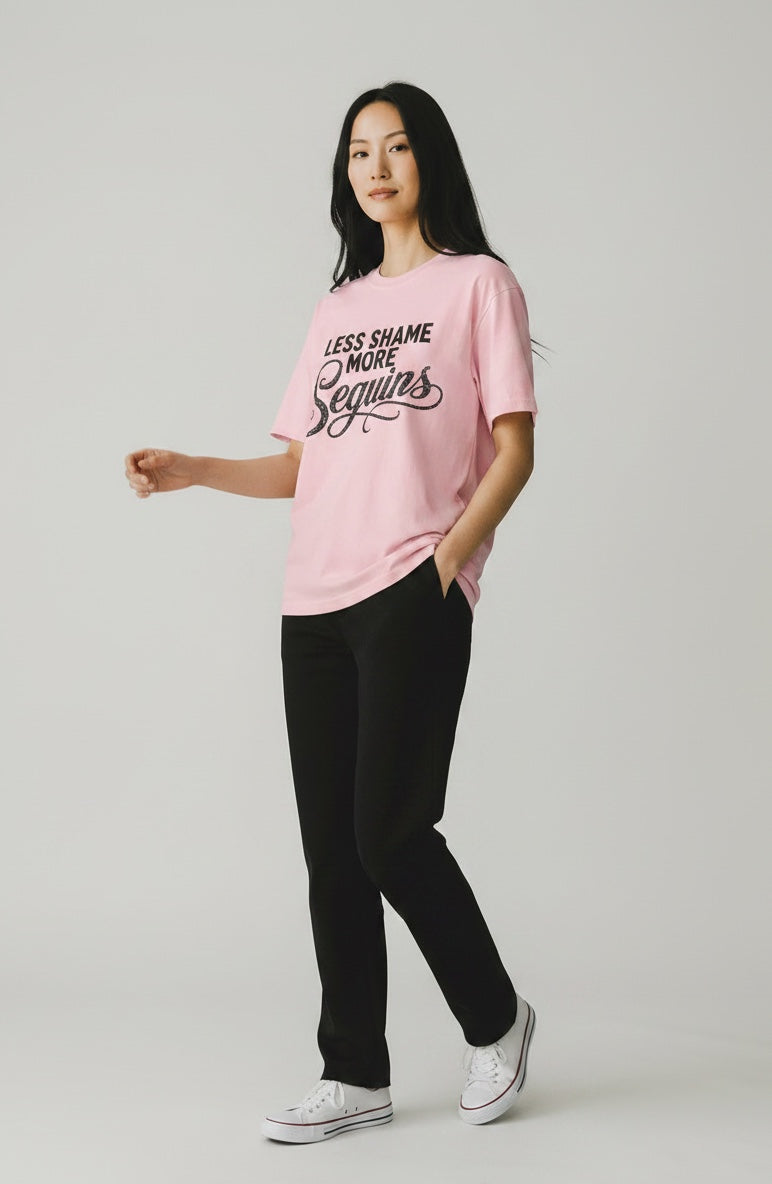 Crewneck Relaxed Fit Tee Shirt | LESS SHAME MORE SEQUINS | CONVERSATION COLLECTION