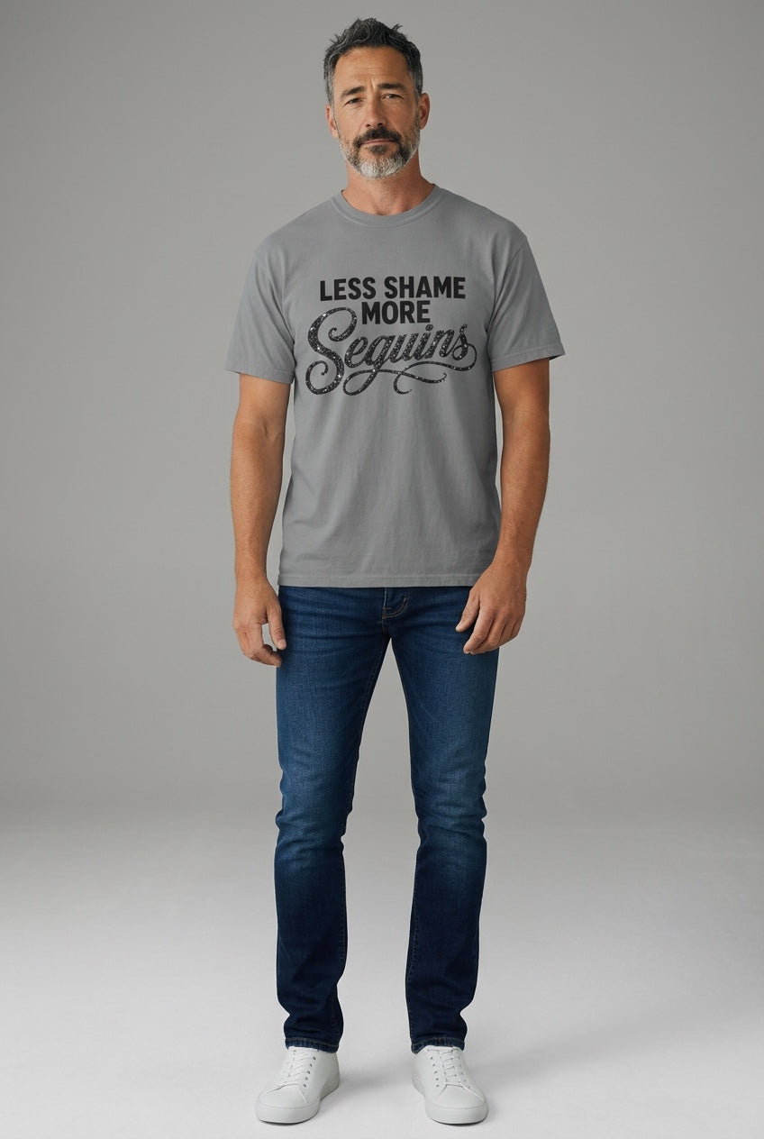Crewneck Relaxed Fit Tee Shirt | LESS SHAME MORE SEQUINS | CONVERSATION COLLECTION