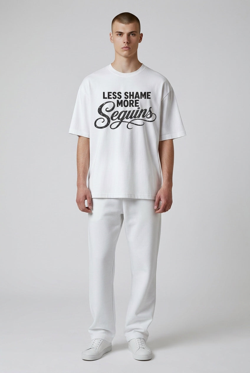 Crewneck Relaxed Fit Tee Shirt | LESS SHAME MORE SEQUINS | CONVERSATION COLLECTION