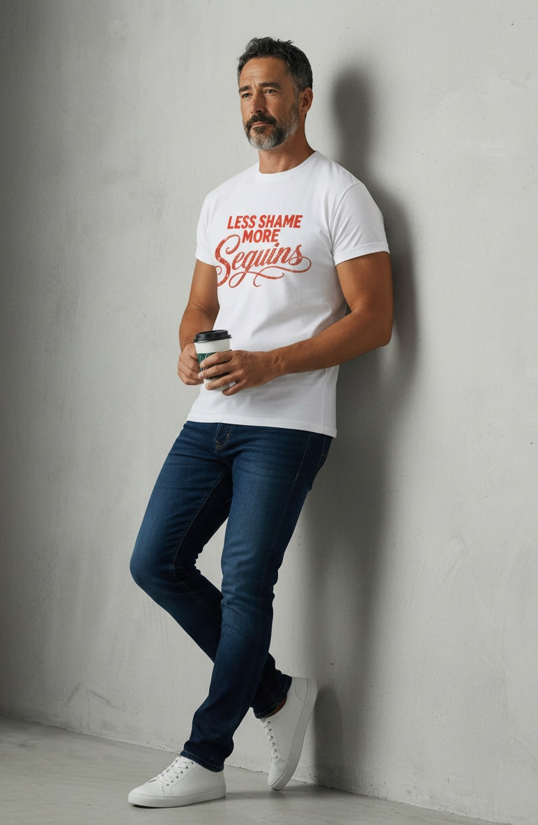 Crewneck Relaxed Fit Tee Shirts | LESS SHAME MORE SEQUINS | CONVERSATION COLLECTION