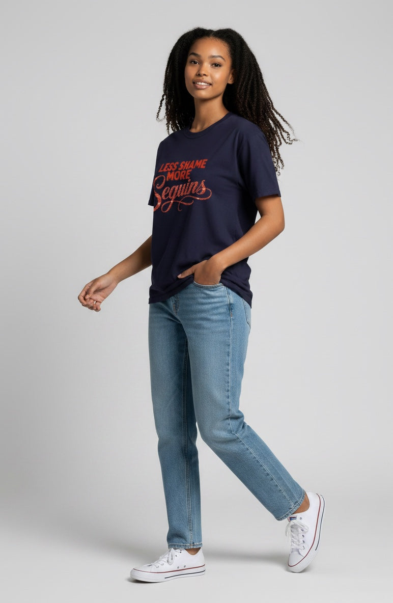 Crewneck Relaxed Fit Tee Shirts | LESS SHAME MORE SEQUINS | CONVERSATION COLLECTION