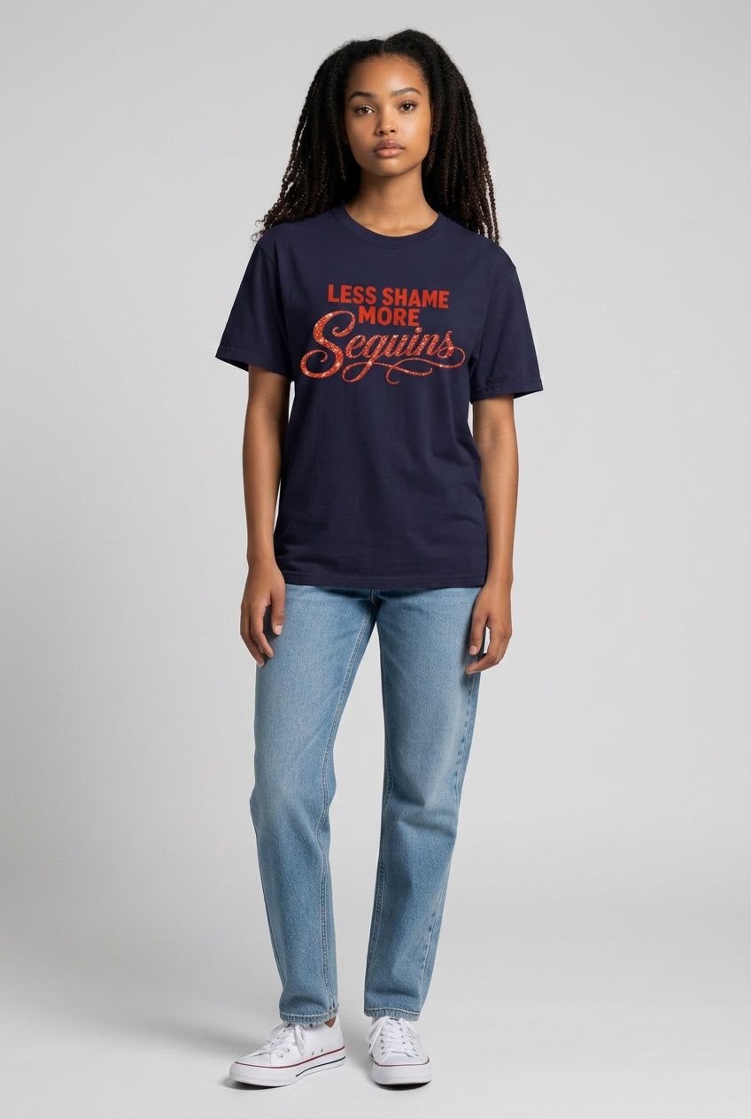 Crewneck Relaxed Fit Tee Shirts | LESS SHAME MORE SEQUINS | CONVERSATION COLLECTION