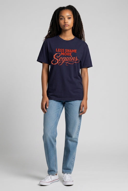 Crewneck Relaxed Fit Tee Shirts | LESS SHAME MORE SEQUINS | CONVERSATION COLLECTION