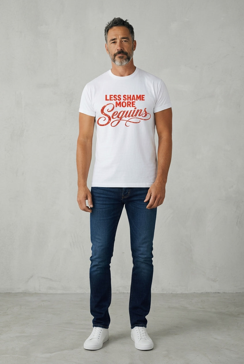 Crewneck Relaxed Fit Tee Shirts | LESS SHAME MORE SEQUINS | CONVERSATION COLLECTION