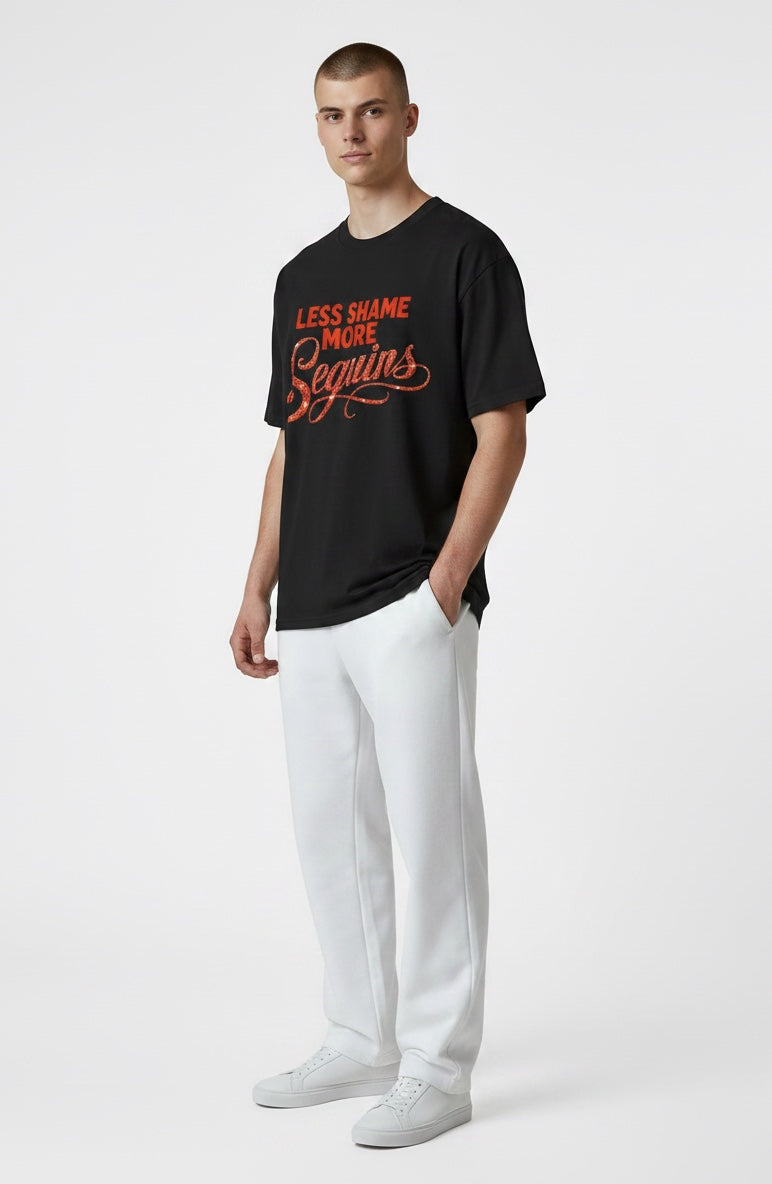 Crewneck Relaxed Fit Tee Shirts | LESS SHAME MORE SEQUINS | CONVERSATION COLLECTION