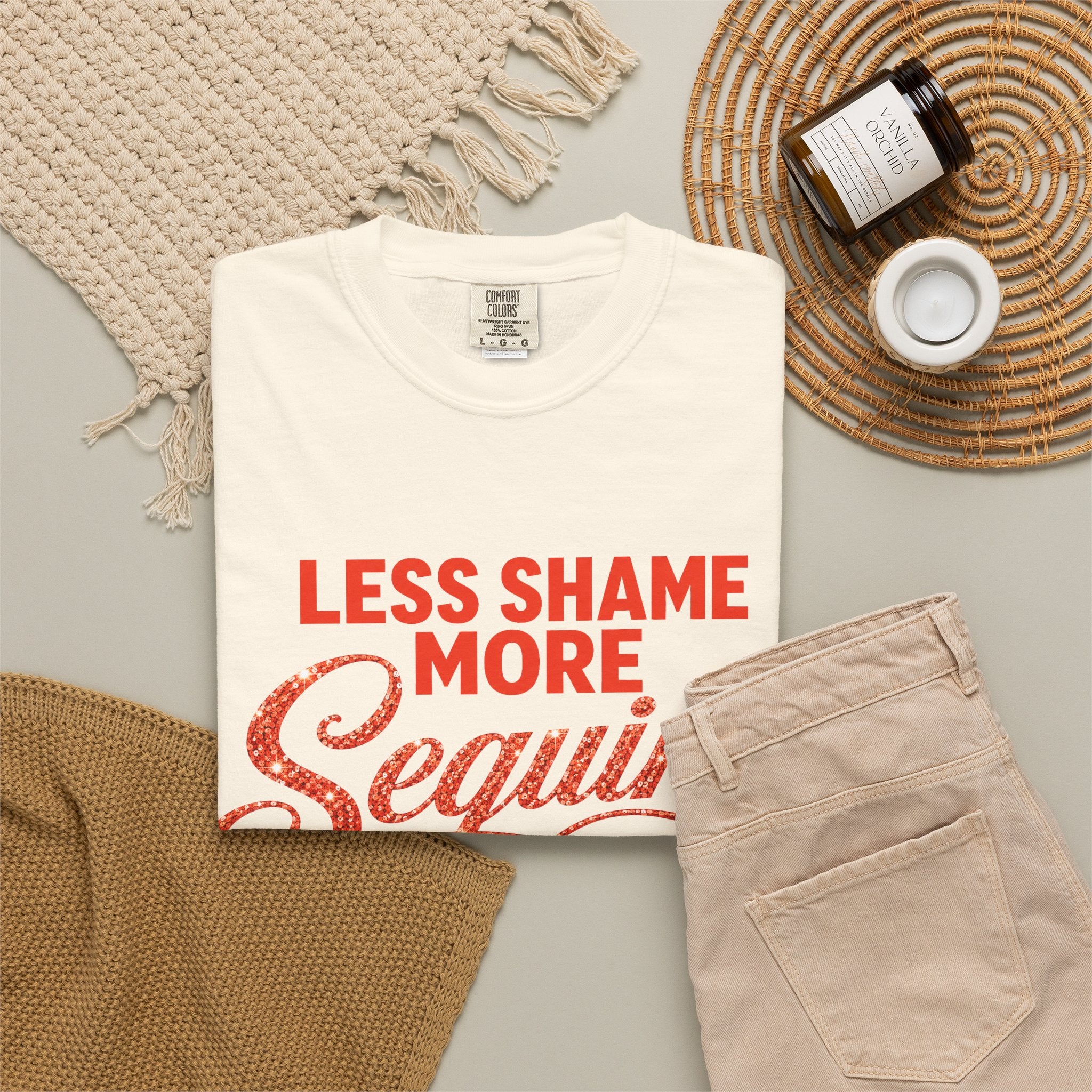 Crewneck Relaxed Fit Tee Shirts | LESS SHAME MORE SEQUINS | CONVERSATION COLLECTION