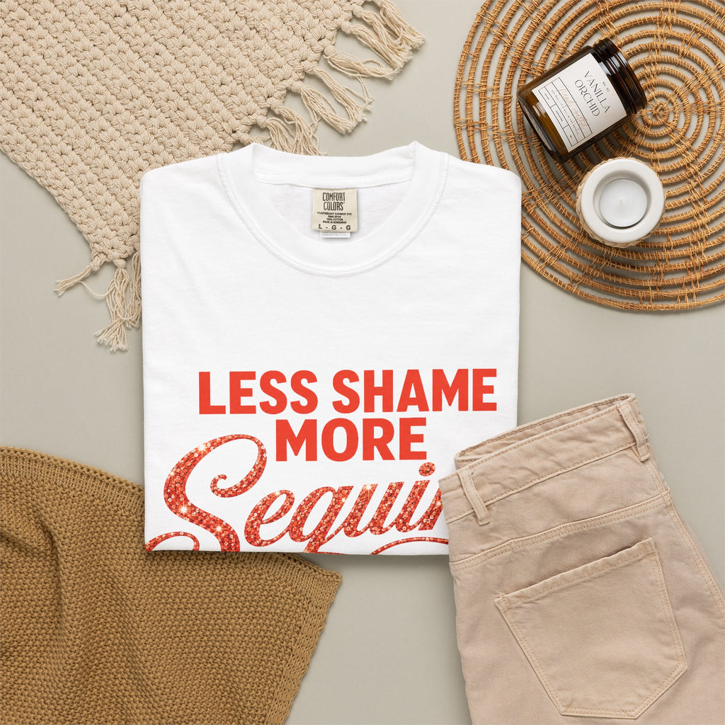 Crewneck Relaxed Fit Tee Shirts | LESS SHAME MORE SEQUINS | CONVERSATION COLLECTION