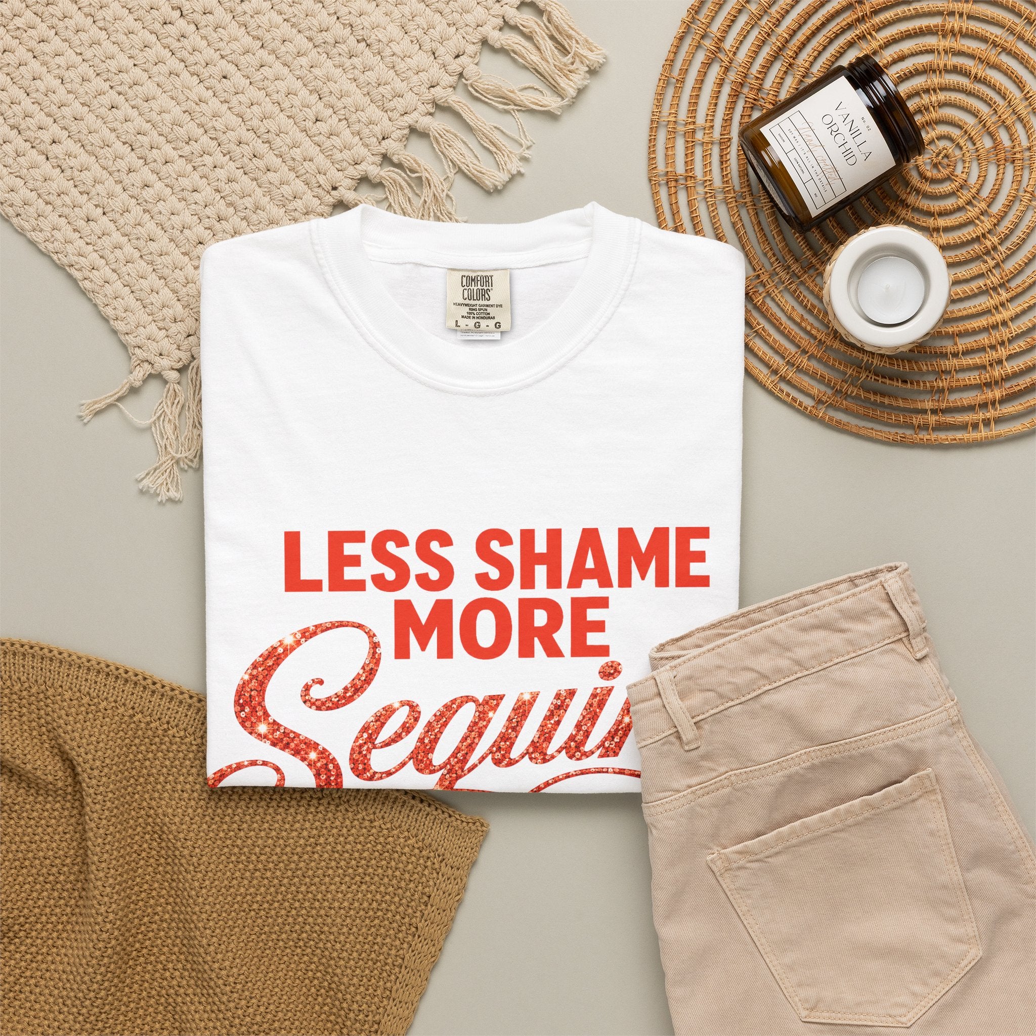 Crewneck Relaxed Fit Tee Shirts | LESS SHAME MORE SEQUINS | CONVERSATION COLLECTION