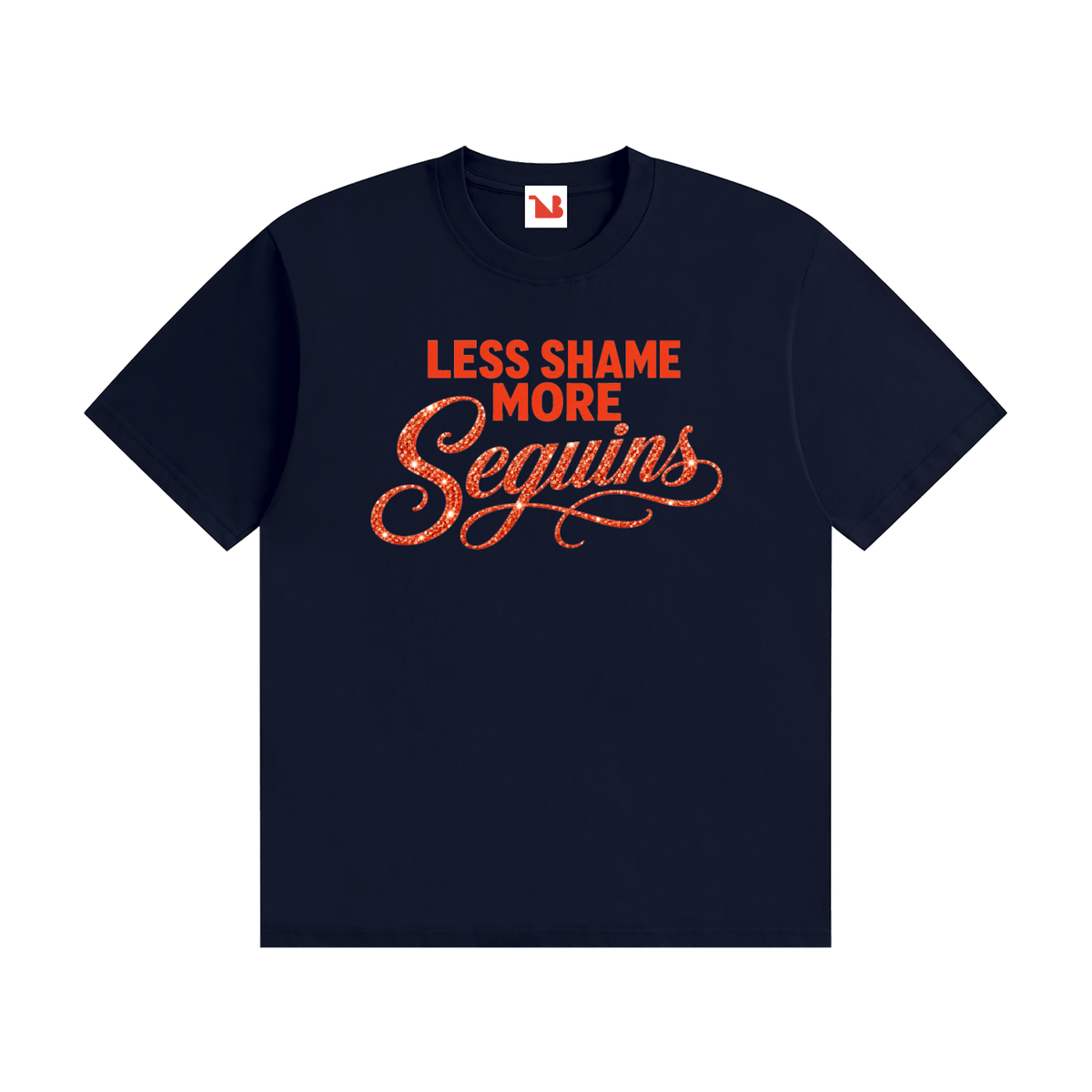 Unisex Seamless 100% Cotton Tee | LESS SHAME MORE SEQUINS Red Logo