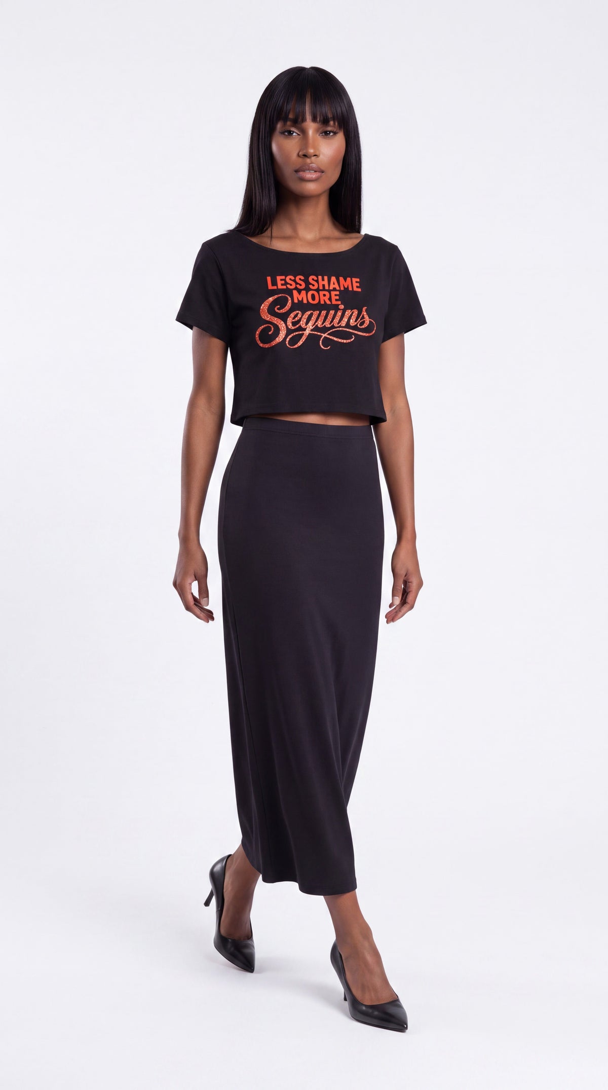 Off-Shoulder Rolled Hem 100% Cotton Crop Tee |LESS SHAME MORE SEQUINS Red Logo