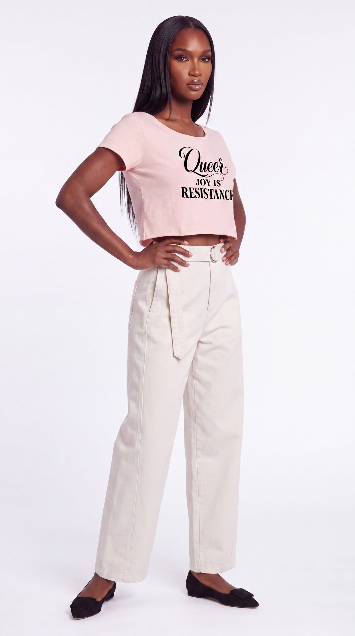 Off-Shoulder Rolled Hem 100% Cotton Crop Tee | QUEER JOY IS RESISTANCE Black Logo