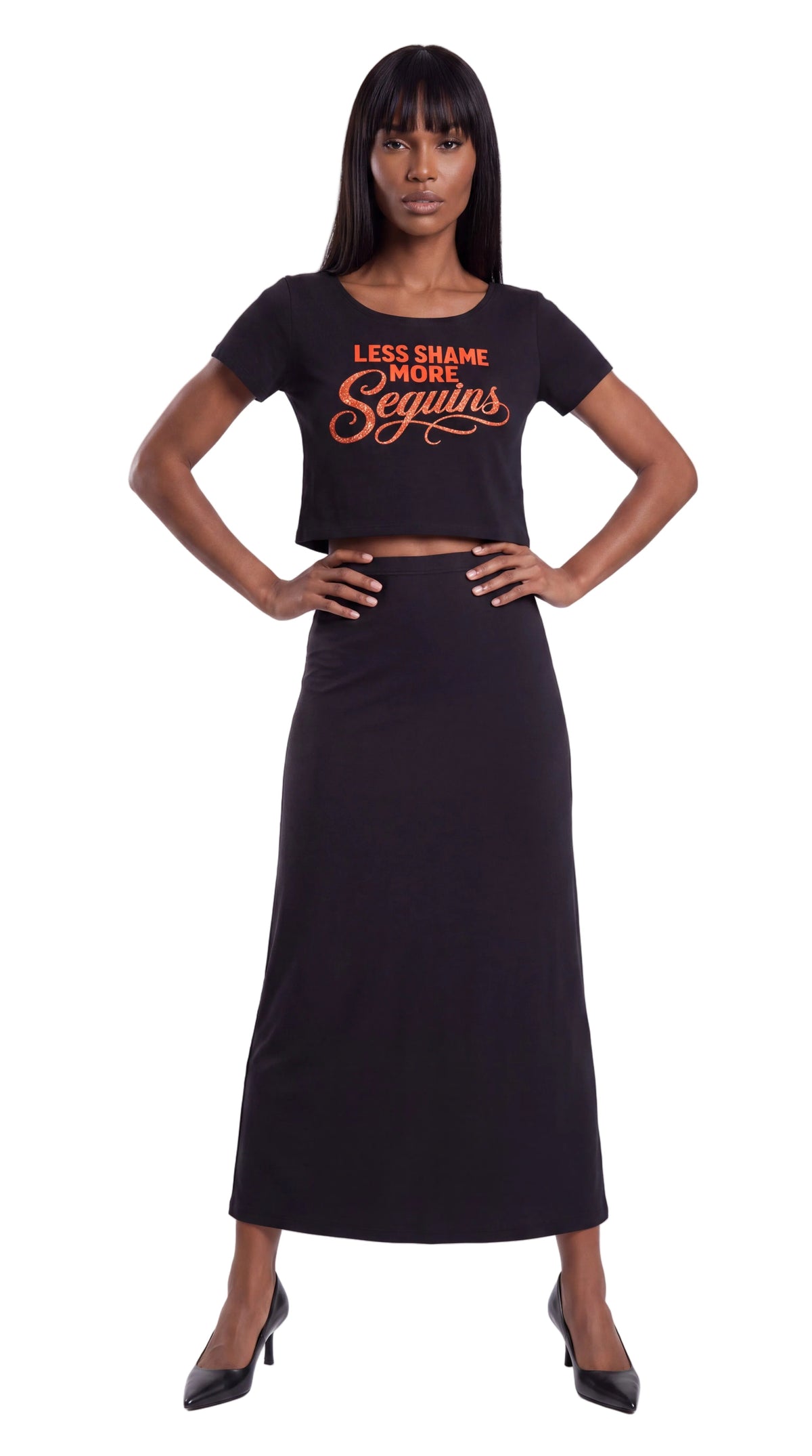 Off-Shoulder Rolled Hem 100% Cotton Crop Tee |LESS SHAME MORE SEQUINS Red Logo