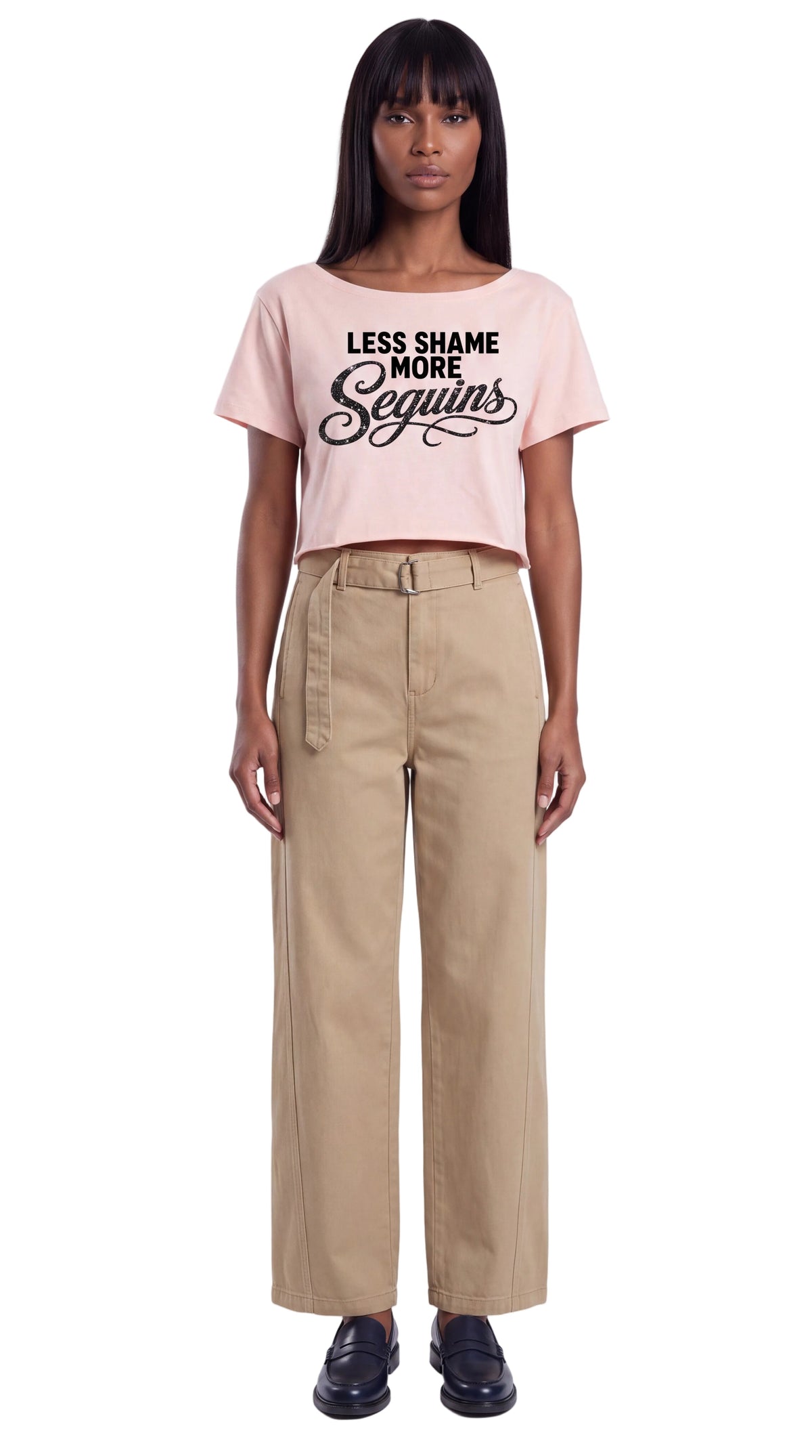 Off-Shoulder Rolled Hem 100% Cotton Crop Tee | LESS SHAME MORE SEQUINS Black Logo