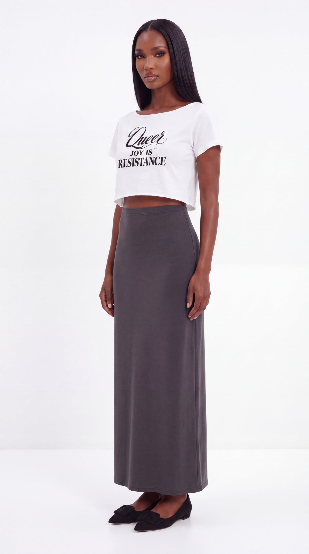 Off-Shoulder Rolled Hem 100% Cotton Crop Tee | QUEER JOY IS RESISTANCE Black Logo