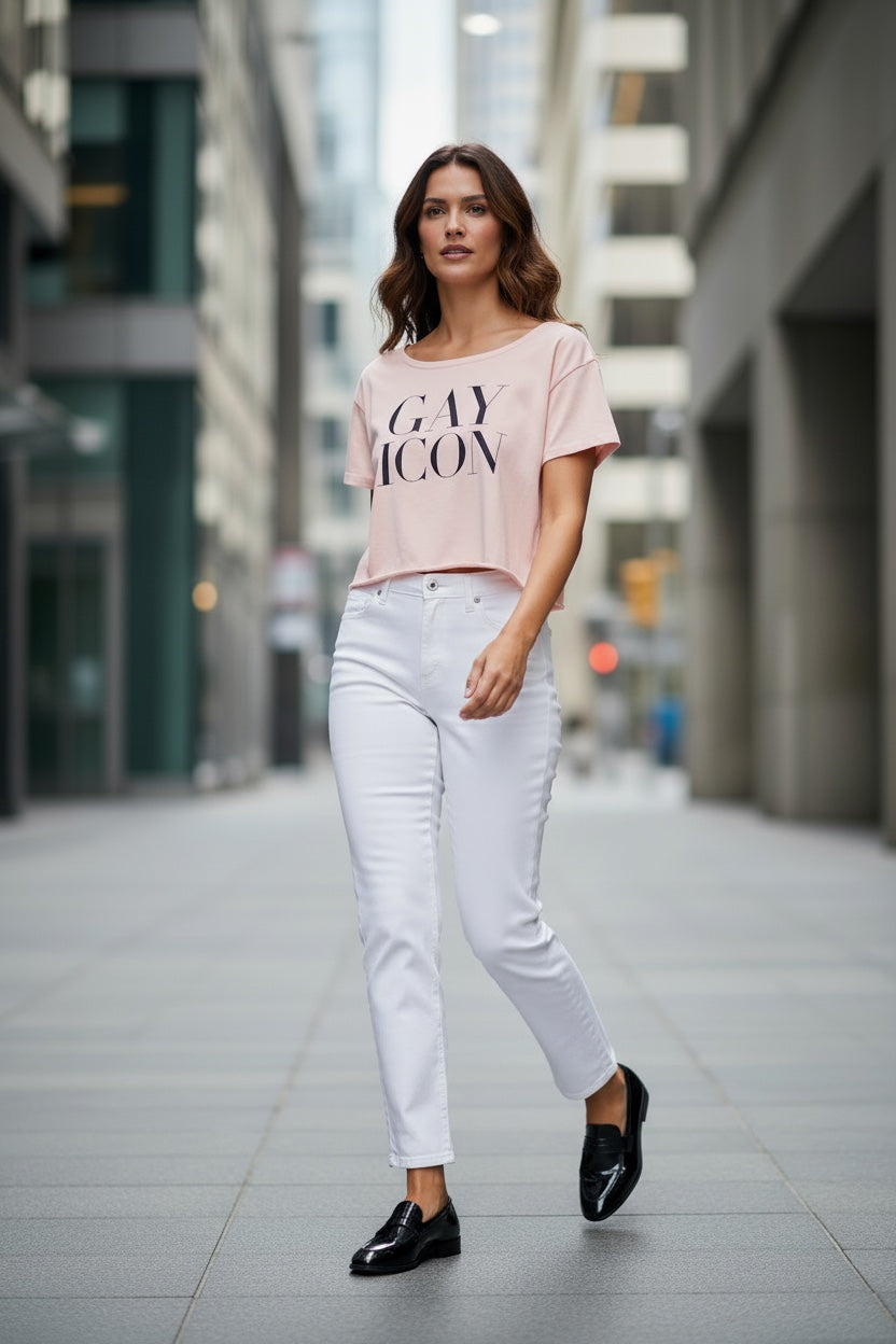 Off-Shoulder Rolled Hem Crewneck Tee |GAY ICON| GAY ICON COLLECTION