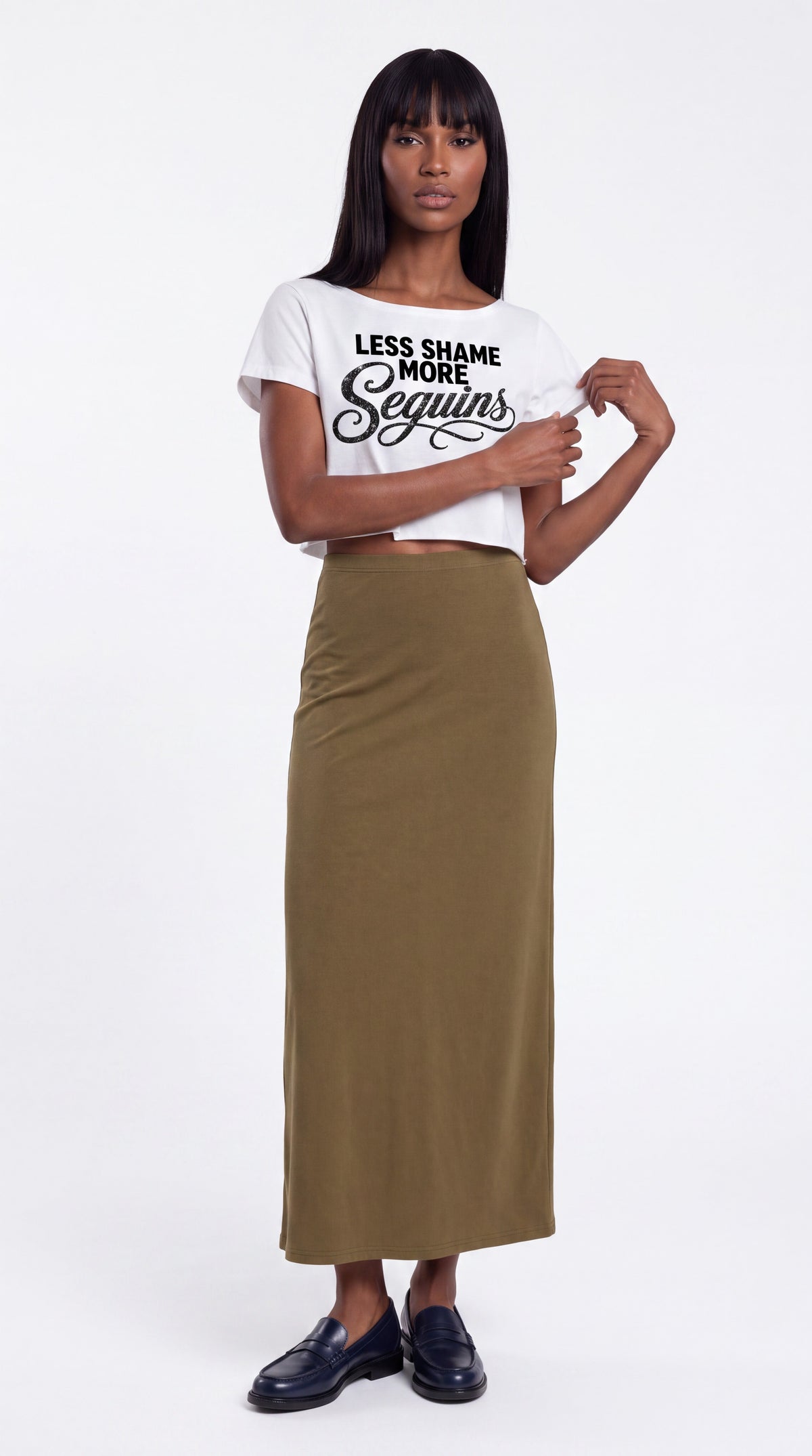 Off-Shoulder Rolled Hem 100% Cotton Crop Tee | LESS SHAME MORE SEQUINS Black Logo