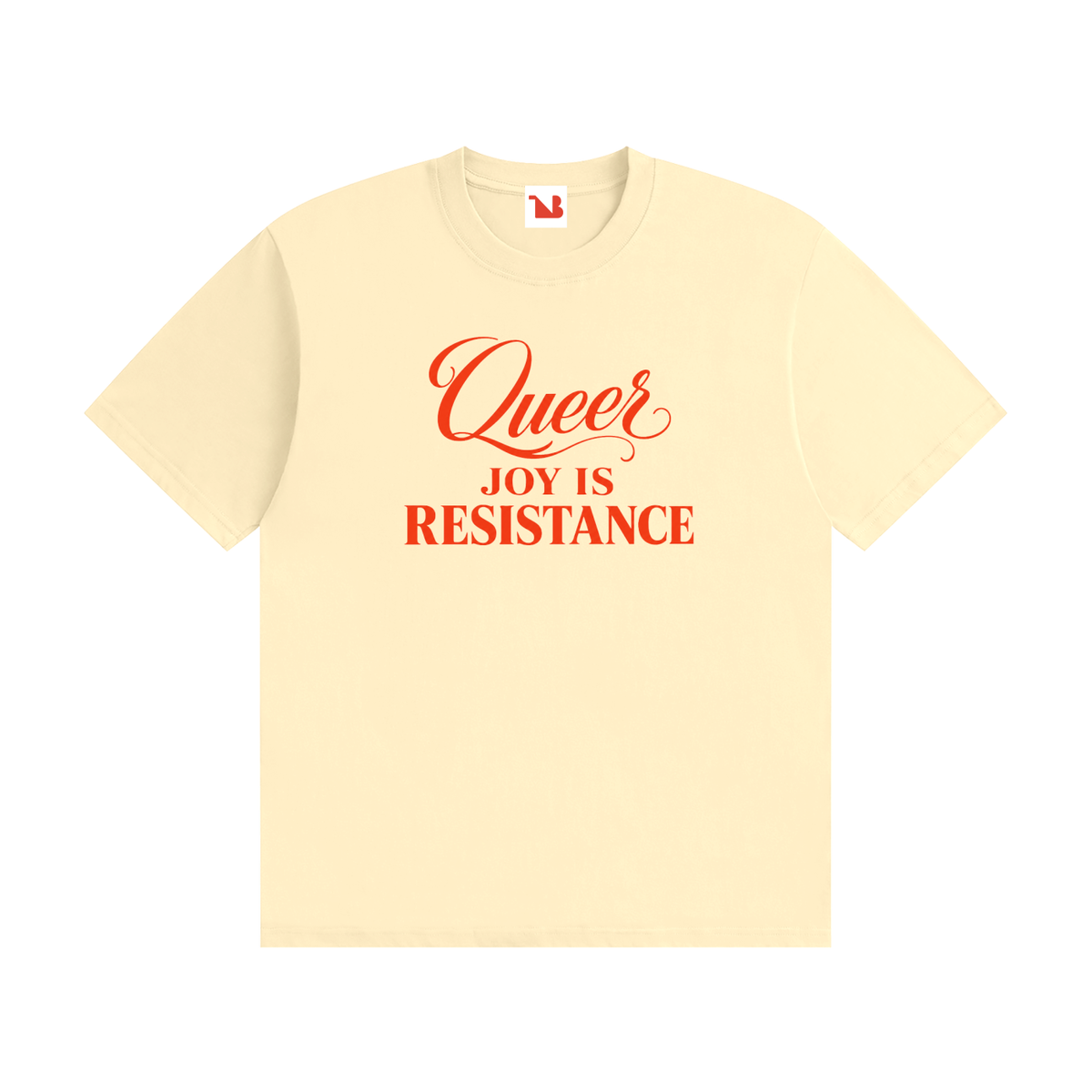 Unisex Seamless 100% Cotton Tee | QUEER JOY IS RESISTANCE Red Logo