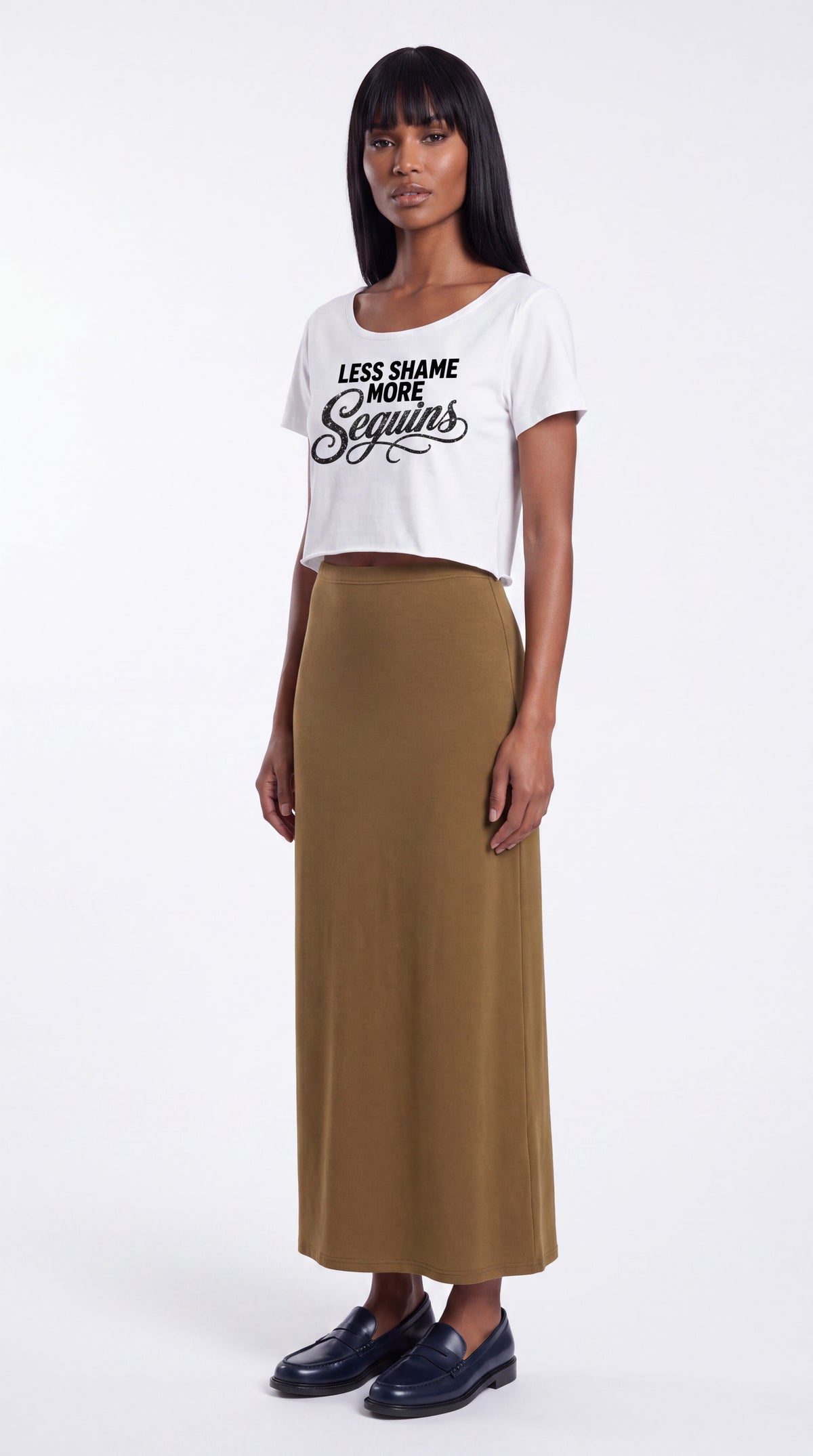 Off-Shoulder Rolled Hem 100% Cotton Crop Tee | LESS SHAME MORE SEQUINS Black Logo
