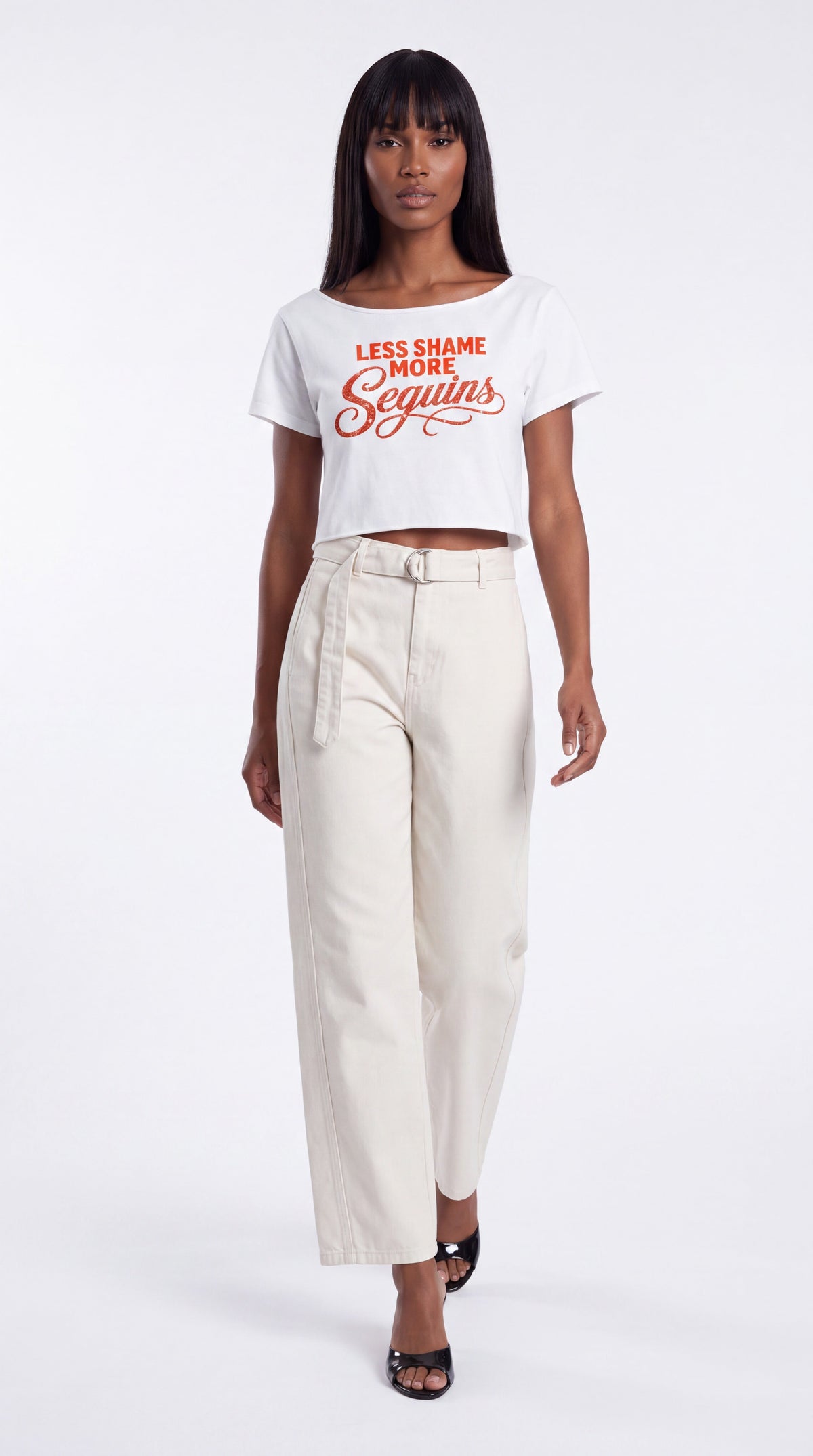 Off-Shoulder Rolled Hem 100% Cotton Crop Tee |LESS SHAME MORE SEQUINS Red Logo