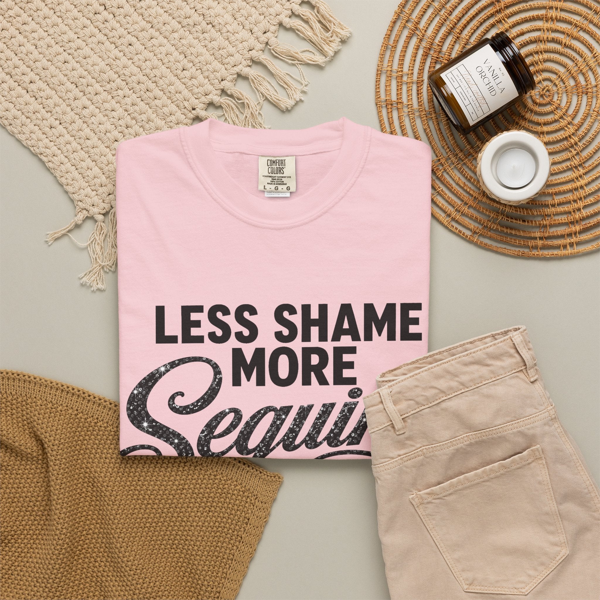 Crewneck Relaxed Fit Tee Shirt | LESS SHAME MORE SEQUINS | CONVERSATION COLLECTION