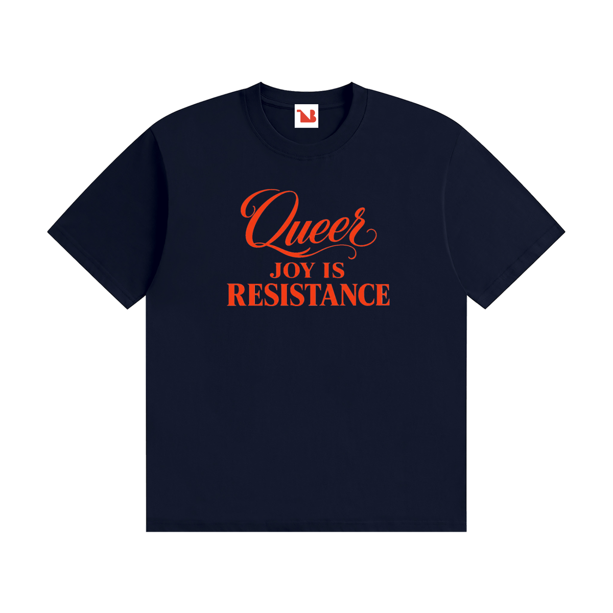 Unisex Seamless 100% Cotton Tee | QUEER JOY IS RESISTANCE Red Logo
