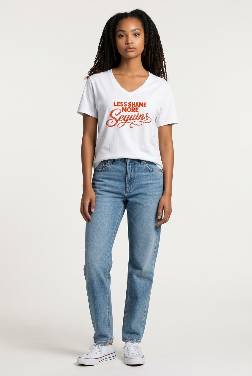 Damen V-Neck Tee | WENIGER SCHAM MEHR PAILLETTEN | CONVERSATION COLLECTION