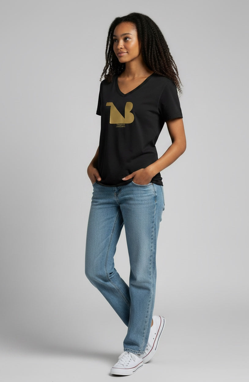 Damen V-Ausschnitt T-Shirt | THEATRE NOIR BLANC | Gold-Logo