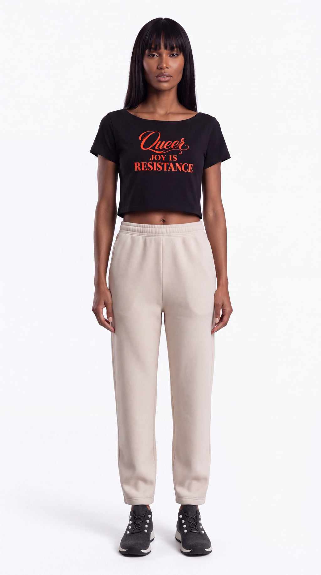 Off-Shoulder Rolled Hem 100% Cotton Crop Tee | QUEER JOY IS RESISTANCE Red Logo