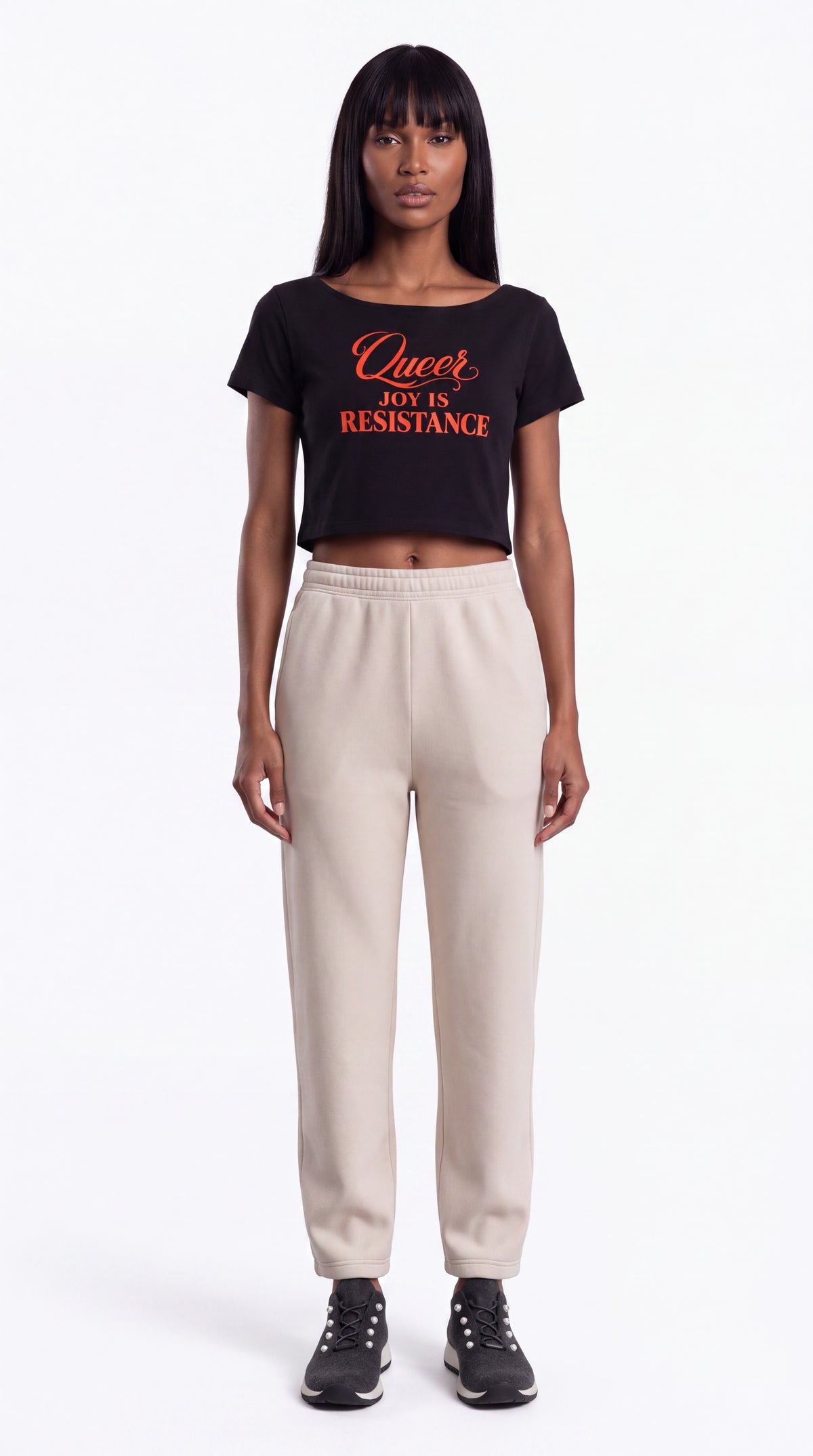 Off-Shoulder Rolled Hem 100% Cotton Crop Tee | QUEER JOY IS RESISTANCE Red Logo