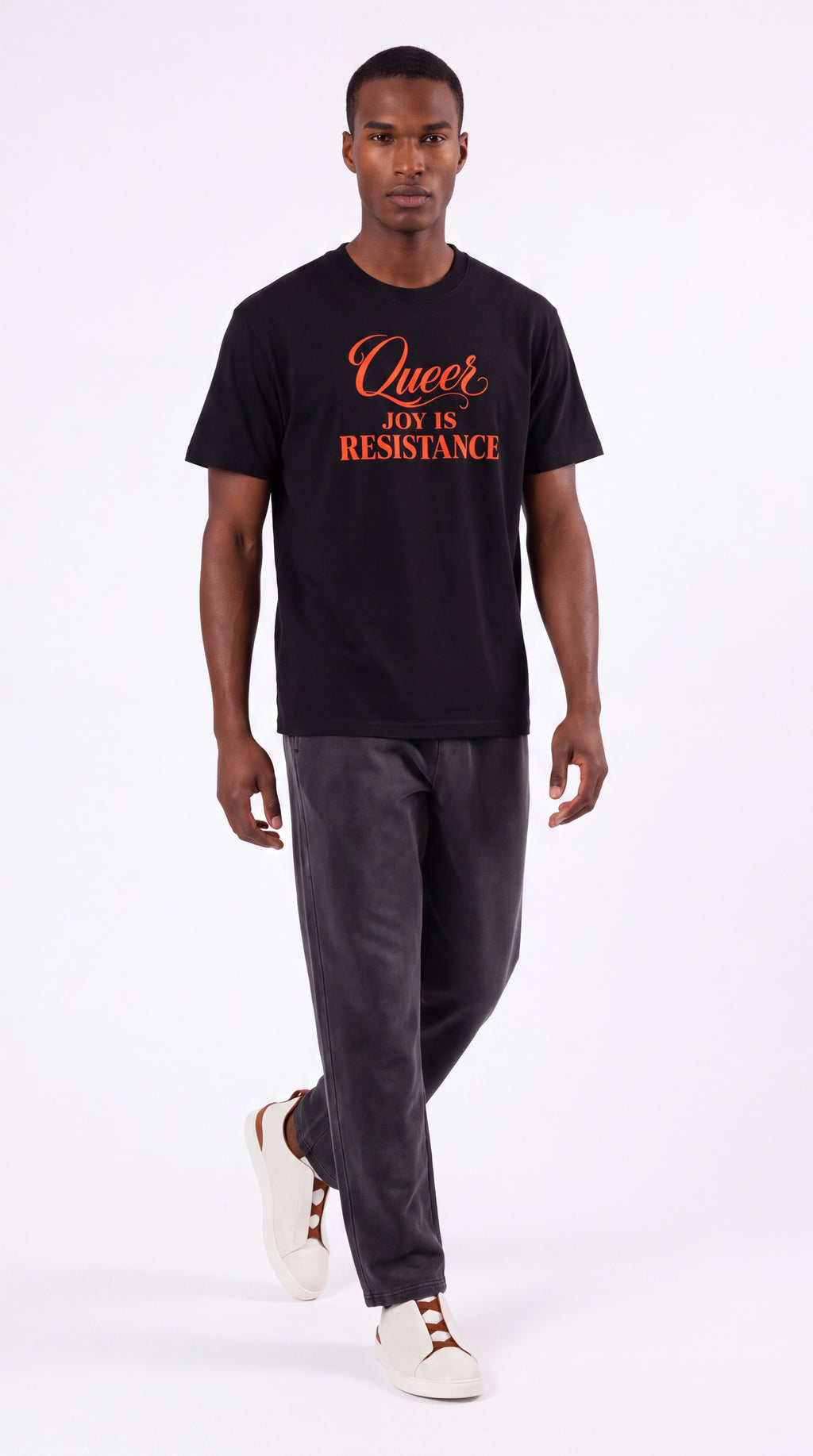Unisex Seamless 100% Cotton Tee | QUEER JOY IS RESISTANCE Red Logo