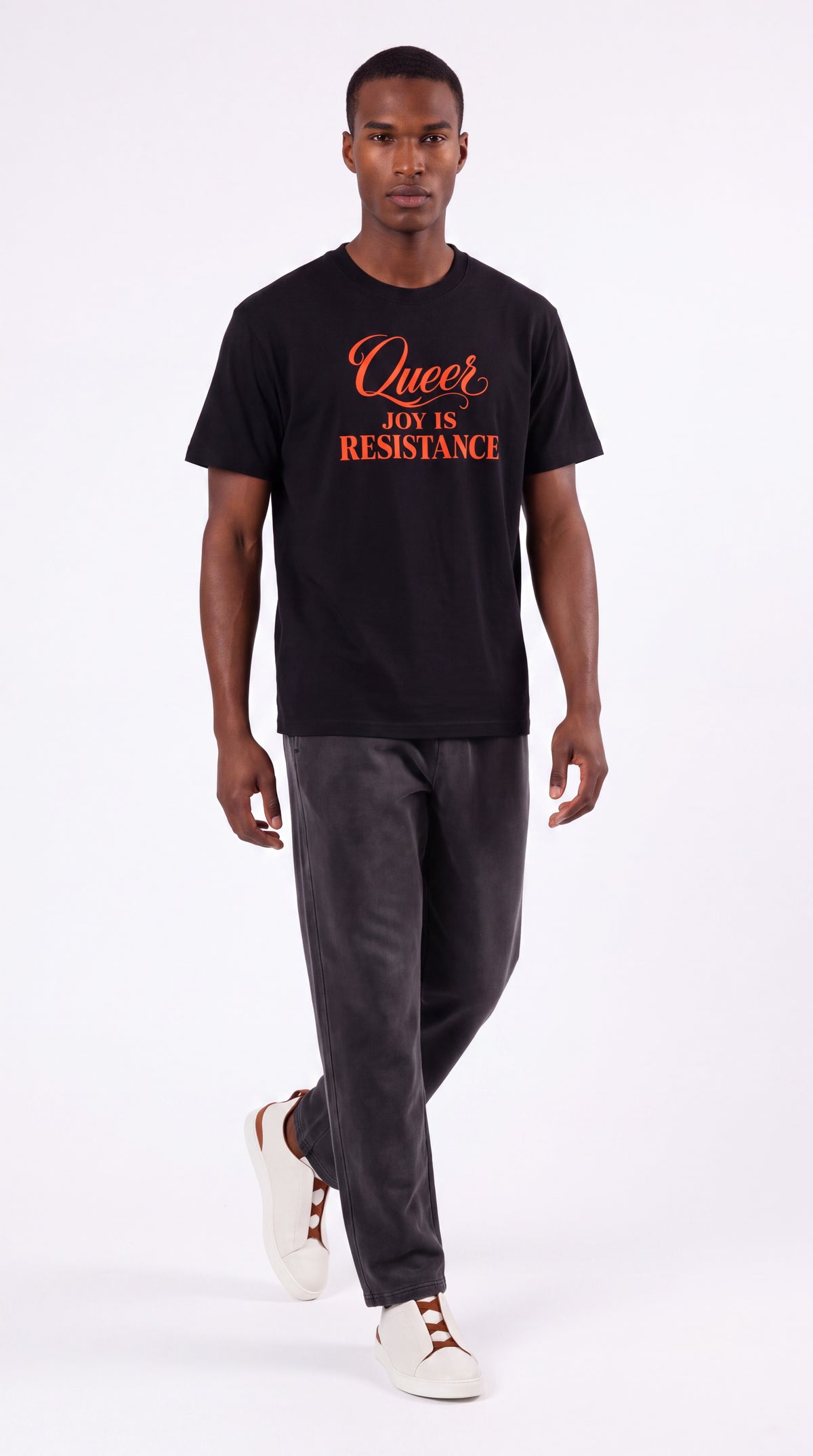 Unisex Seamless 100% Cotton Tee | QUEER JOY IS RESISTANCE Red Logo