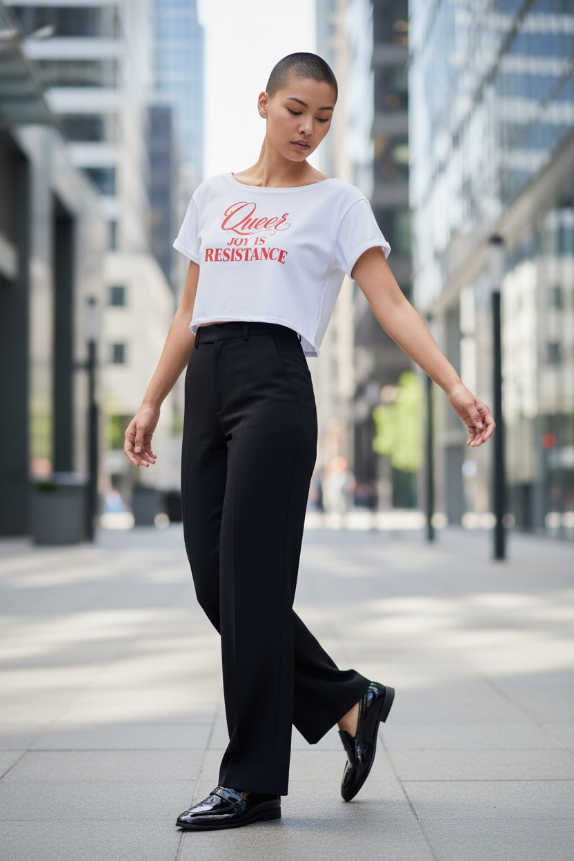 Off-Shoulder Rolled Hem Crewneck Tee |QUEER JOY IS RESISTANCE | CONVERSATION COLLECTION