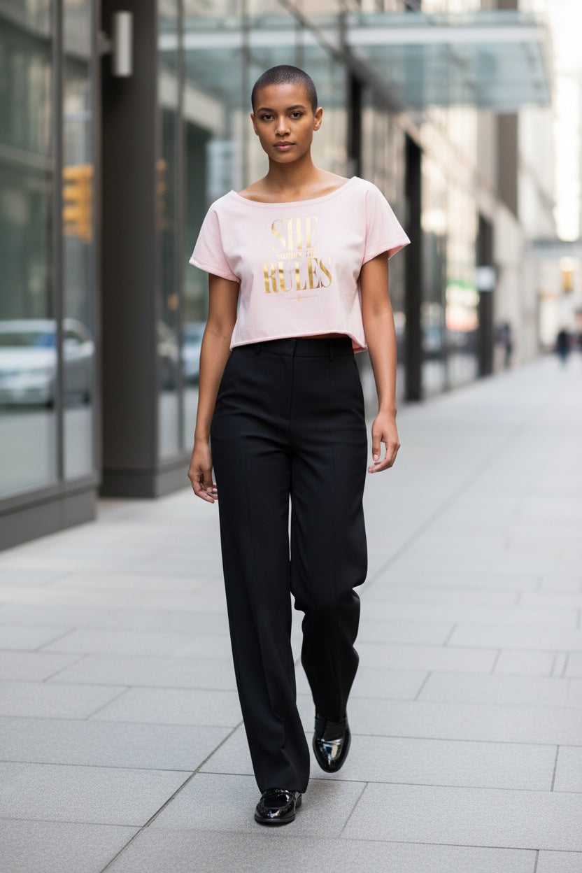 Off-Shoulder Rolled Hem Crewneck Tee| SHE WRITES THE RULES| CONVERSATION COLLECTION