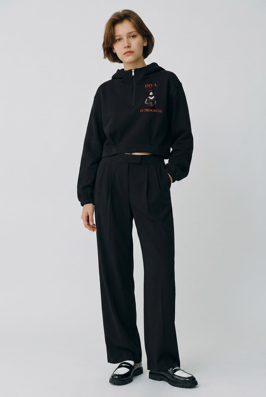 Quarter-Zip Boxy Hoodie — DIVA IN PROGRESS | Noir Aesthetic Streetwear