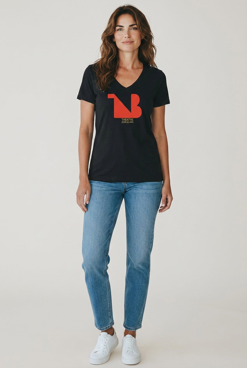 Damen V-Ausschnitt T-Shirt | THEATRE NOIR BLANC | Rotes Logo