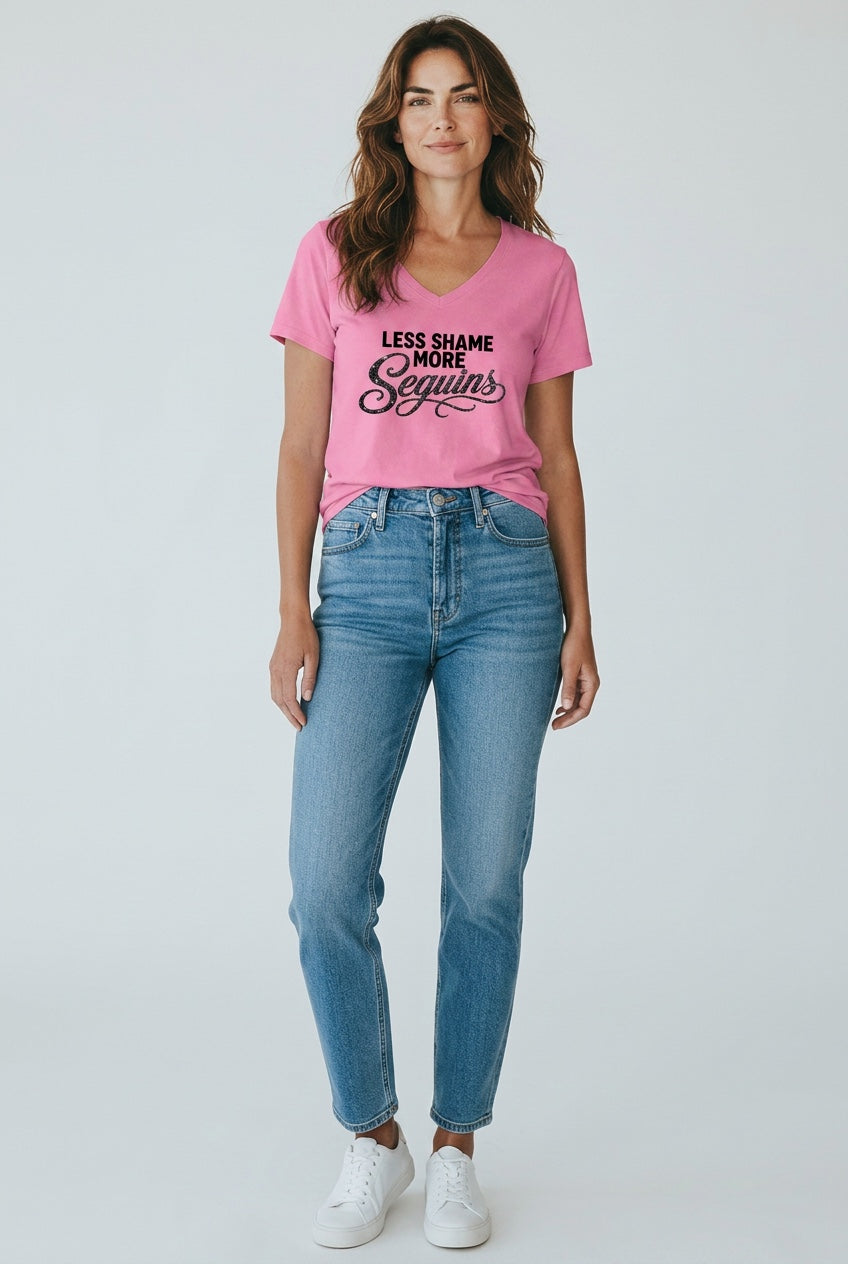 Women's V-Neck Tee | LESS SHAME MORE SEQUIN | CONVERSATION COLLECTION